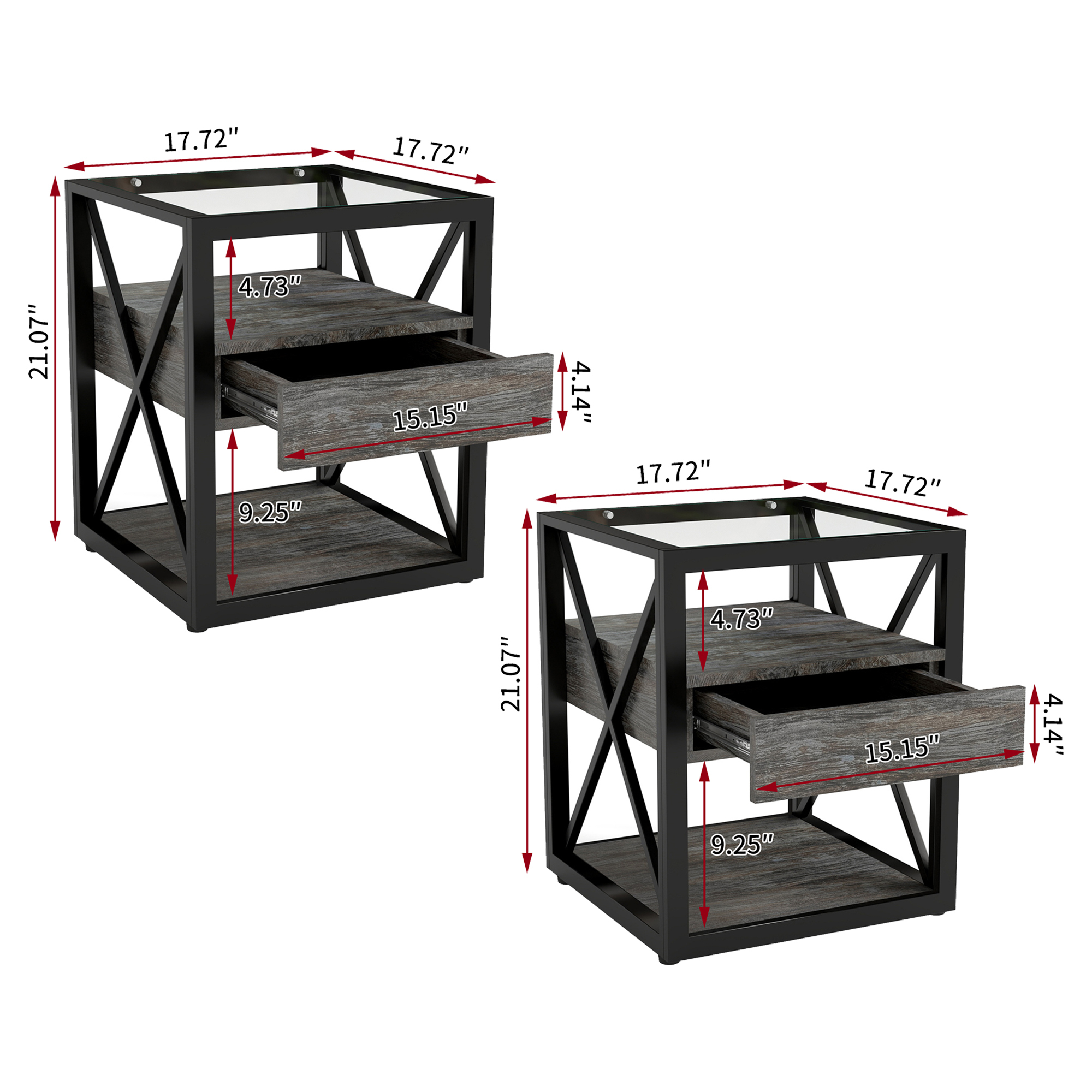 Anmytek Set of 2 Modern End Table with Drawer Industrial Side Nightstand for Bedroom Living Room Rustic Wood Grain MDF Tempered Glass Top