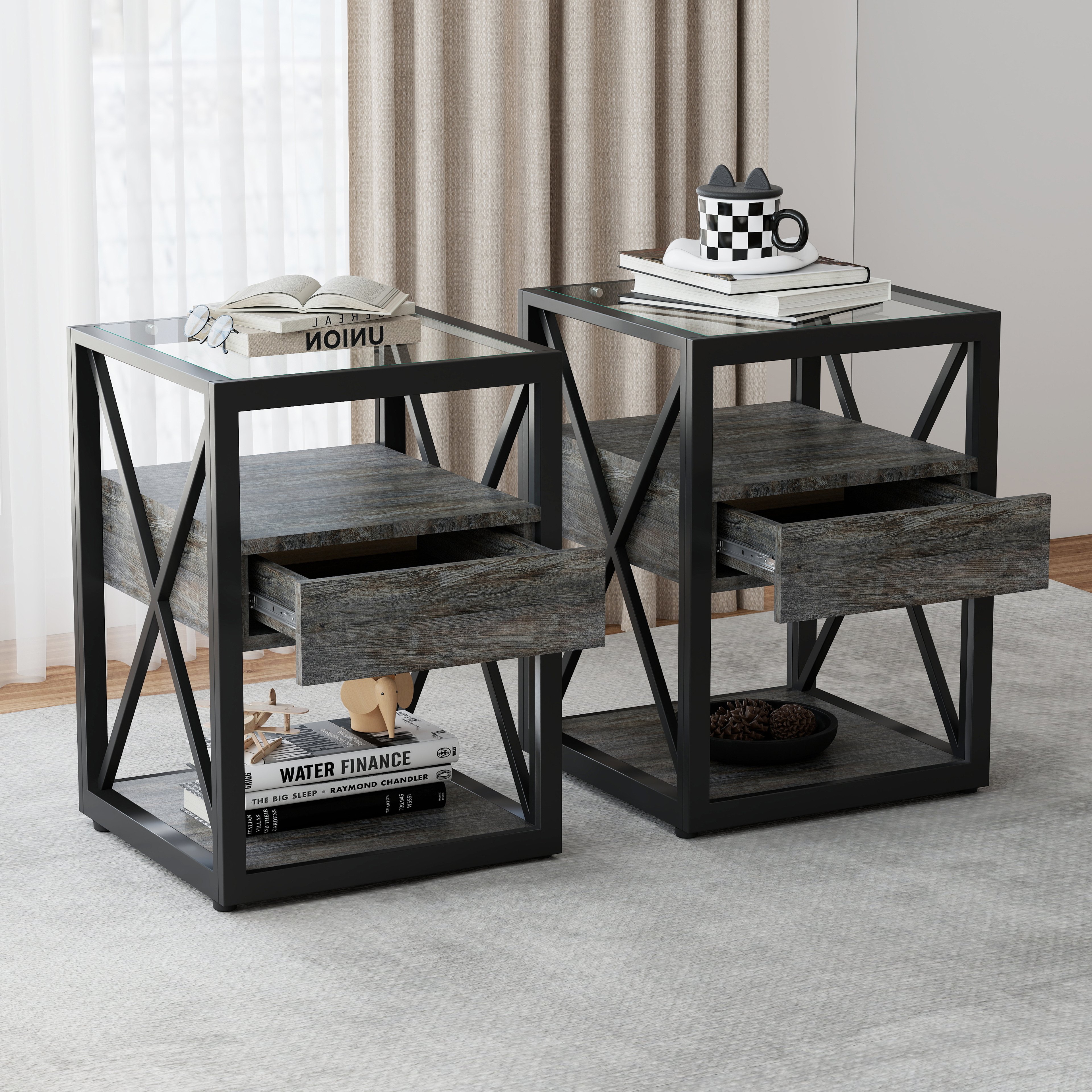 Anmytek Set of 2 Modern End Table with Drawer Industrial Side Nightstand for Bedroom Living Room Rustic Wood Grain MDF Tempered Glass Top