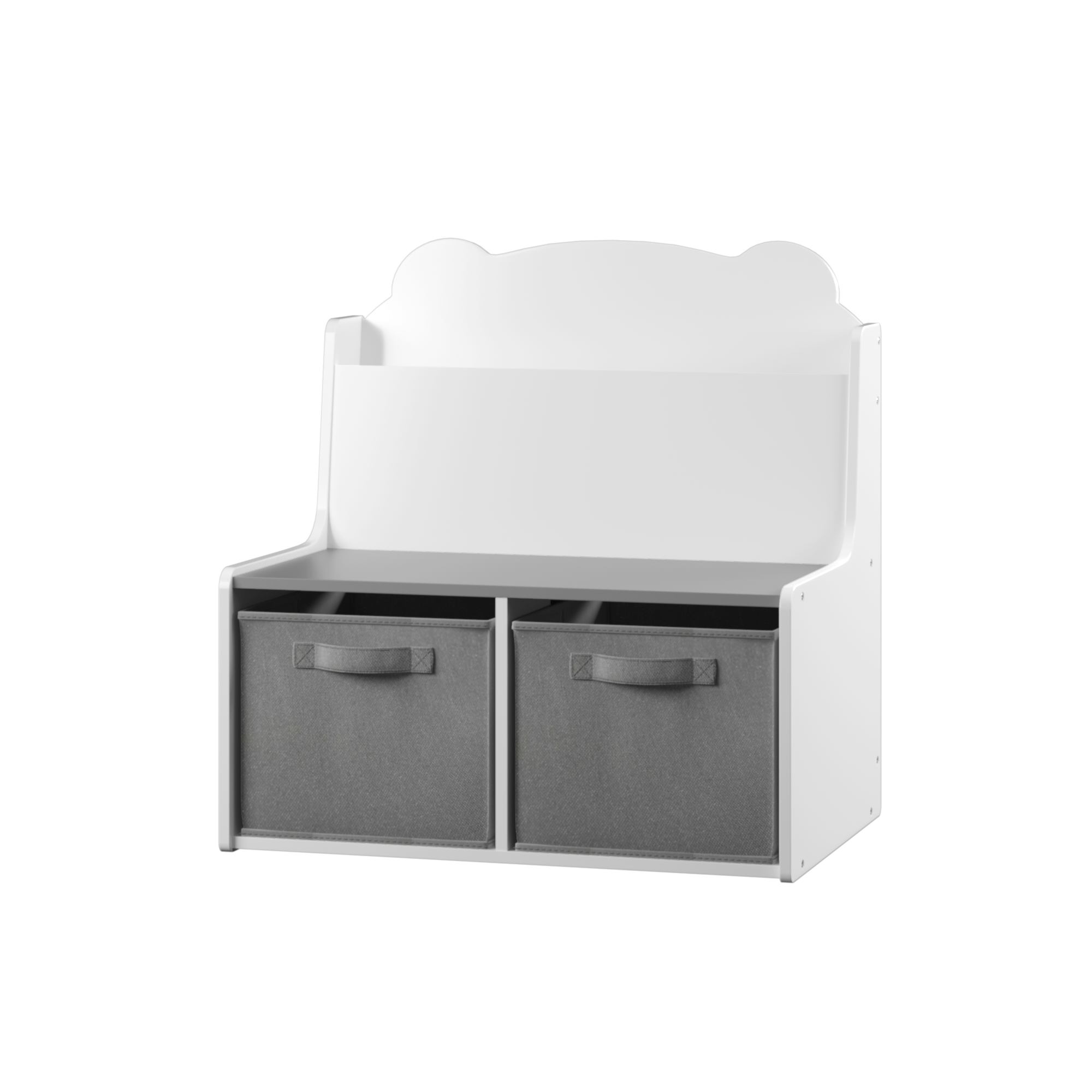 Anmytek Kids Bookshelf Toy Organizer Wooden Bookcase with Book Display Shelf 2 Fabric Storage Bins Cute Bear Shaped Backboard for Toddlers Children White and Gray