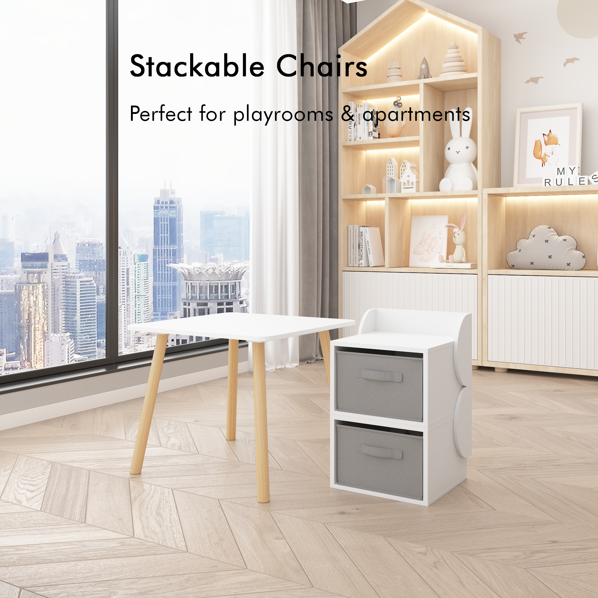 Anmytek Kids Table and 2 Chair Set 3 Piece Toddler Activity Play Table with Storage Bins Wooden Children Furniture for Playroom Bedroom White and Natural