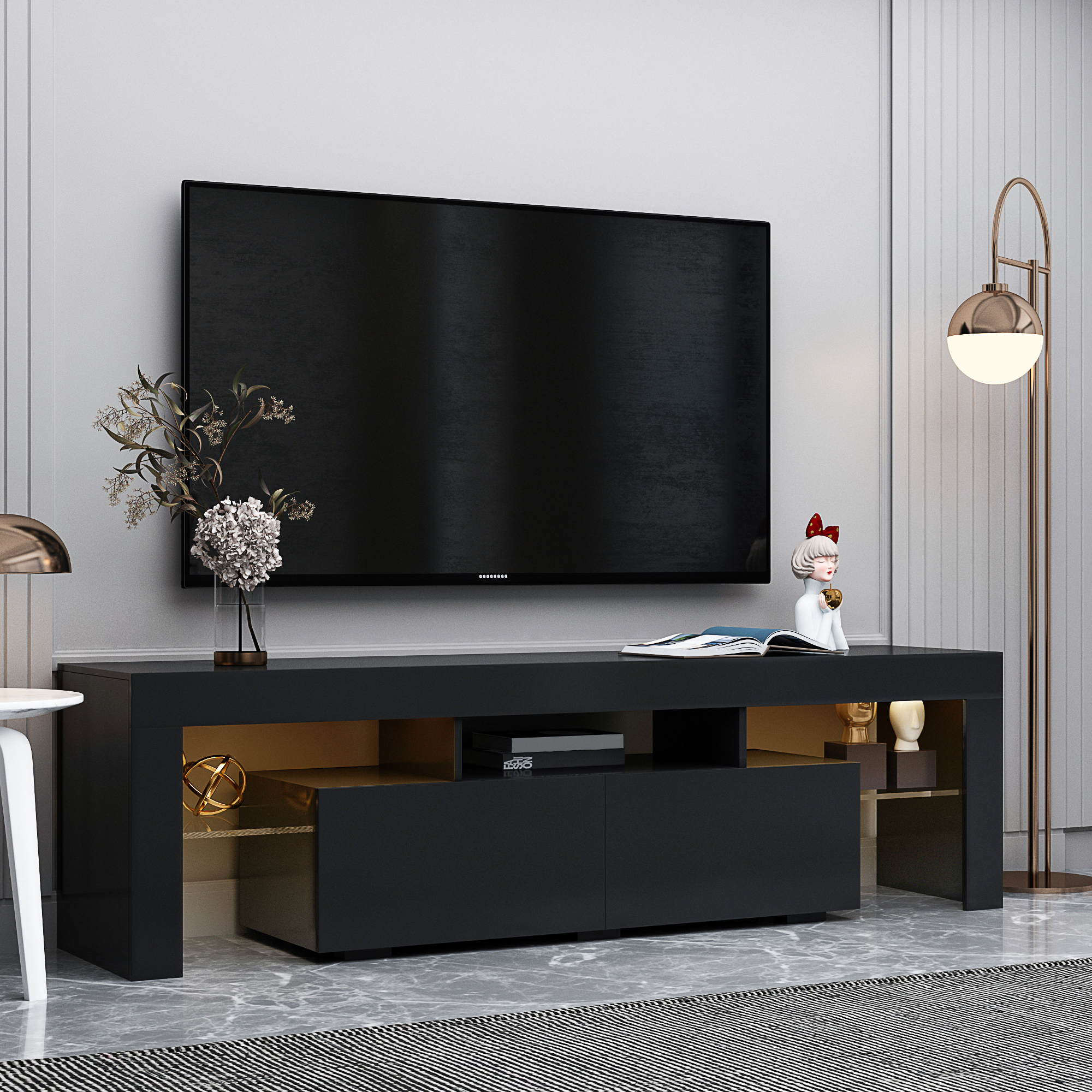 Anmytek Modern Black TV Stand Entertainment Center 20 Colors LED Lights With Remote Control For Living Room