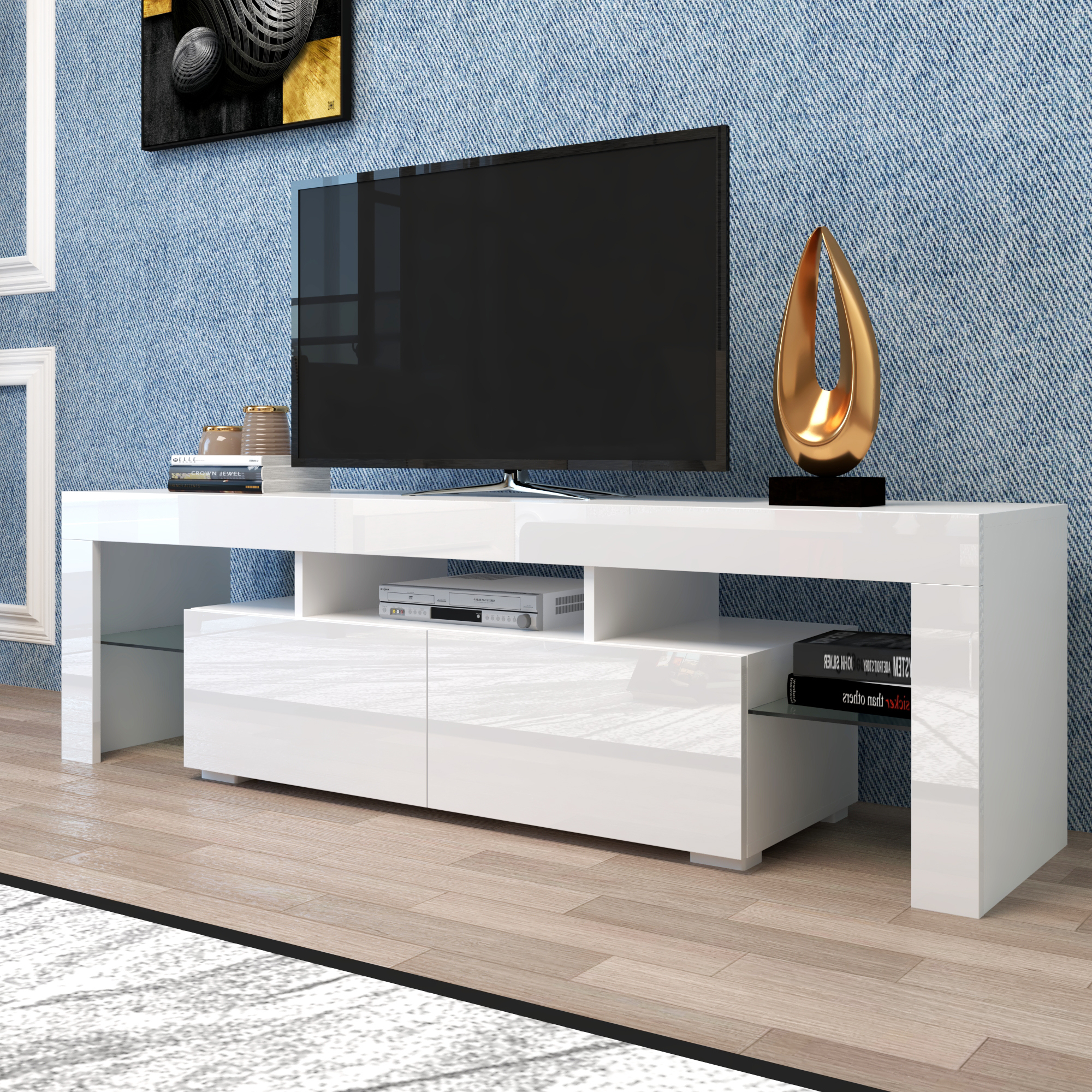 Anmytek Modern White TV Stand Entertainment Center 20 Colors LED Lights With Remote Control For Living Room