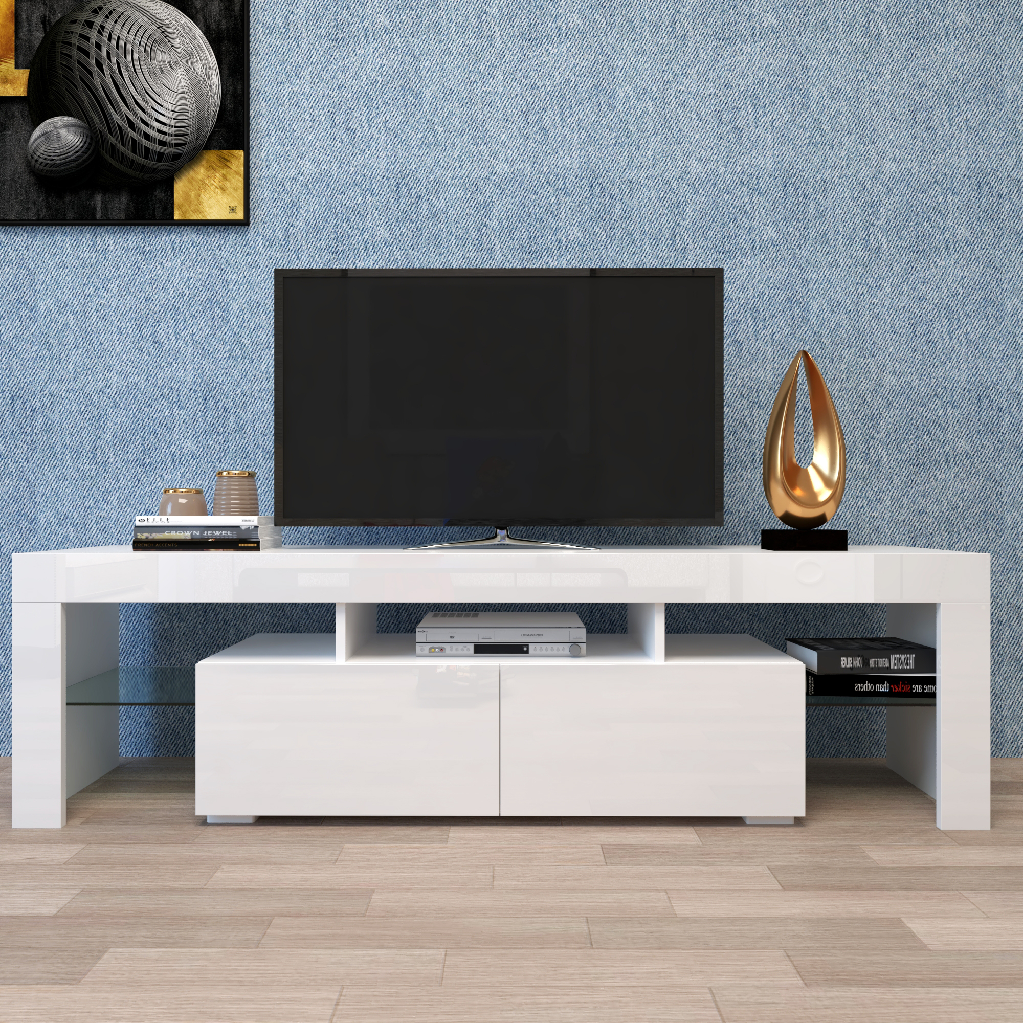 Anmytek Modern White TV Stand Entertainment Center 20 Colors LED Lights With Remote Control For Living Room
