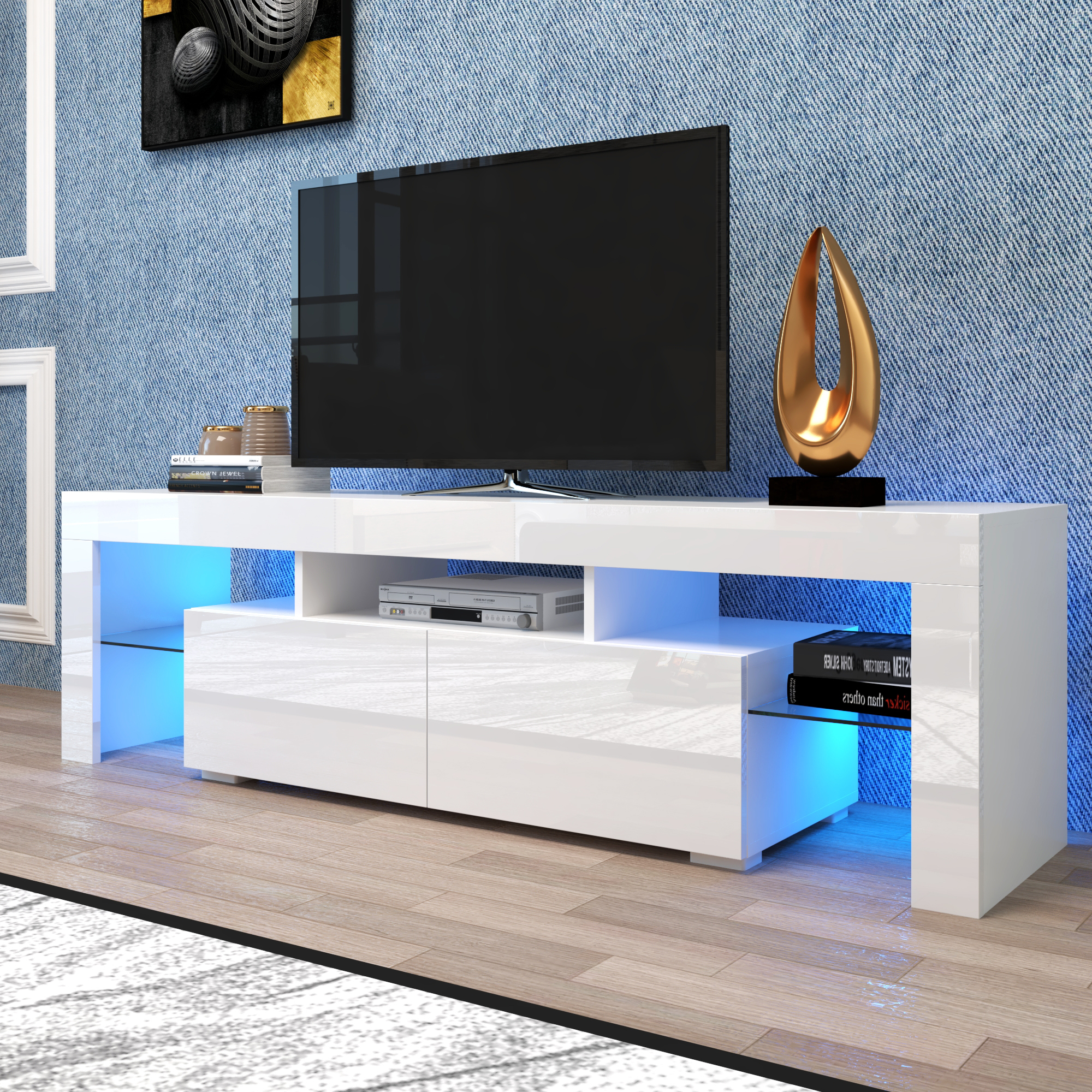 Anmytek Modern White TV Stand Entertainment Center 20 Colors LED Lights With Remote Control For Living Room