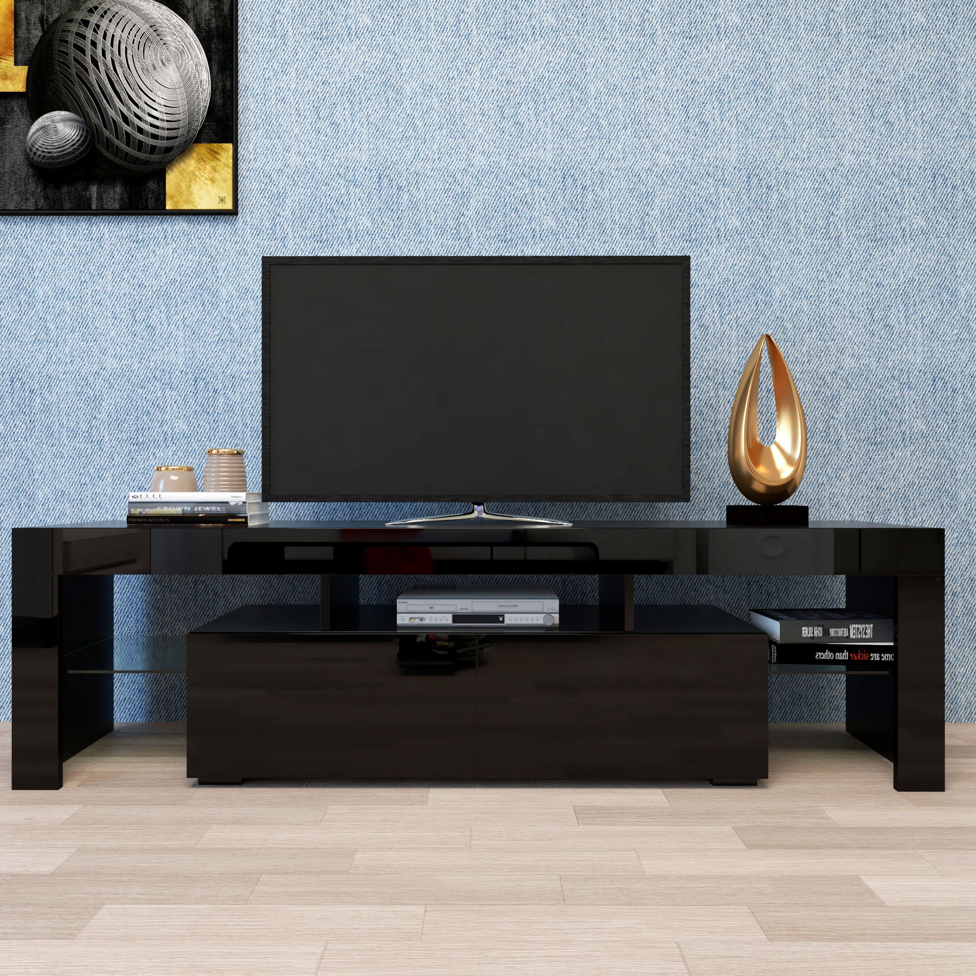 Anmytek Modern Black TV Stand Entertainment Center 20 Colors LED Lights With Remote Control For Living Room
