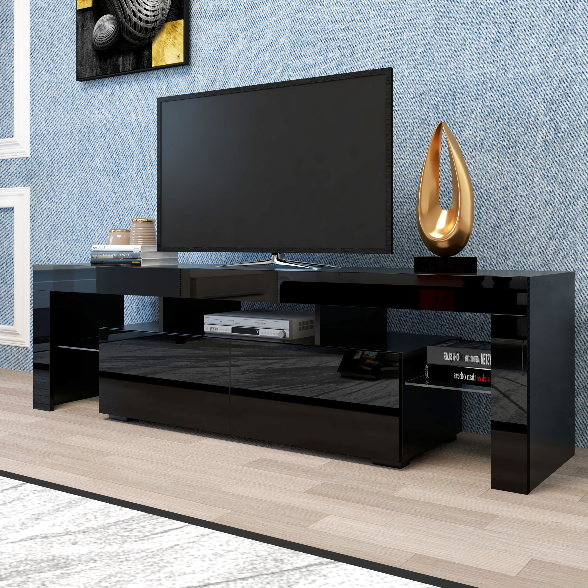 Anmytek Modern Black TV Stand Entertainment Center 20 Colors LED Lights With Remote Control For Living Room