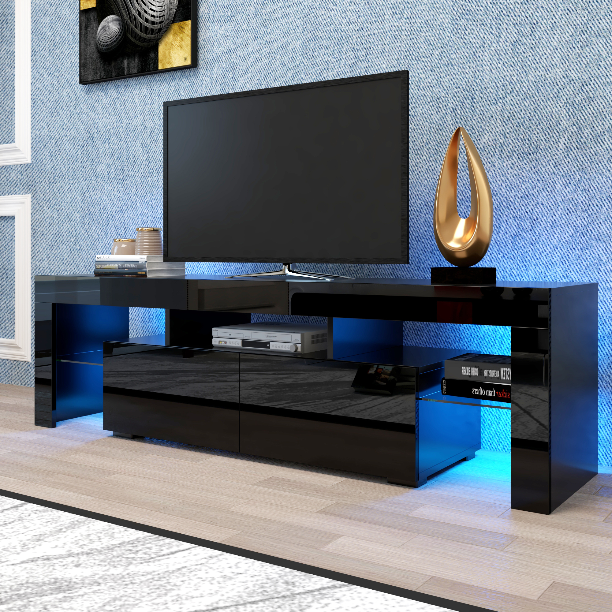 Anmytek Modern Black TV Stand Entertainment Center 20 Colors LED Lights With Remote Control For Living Room