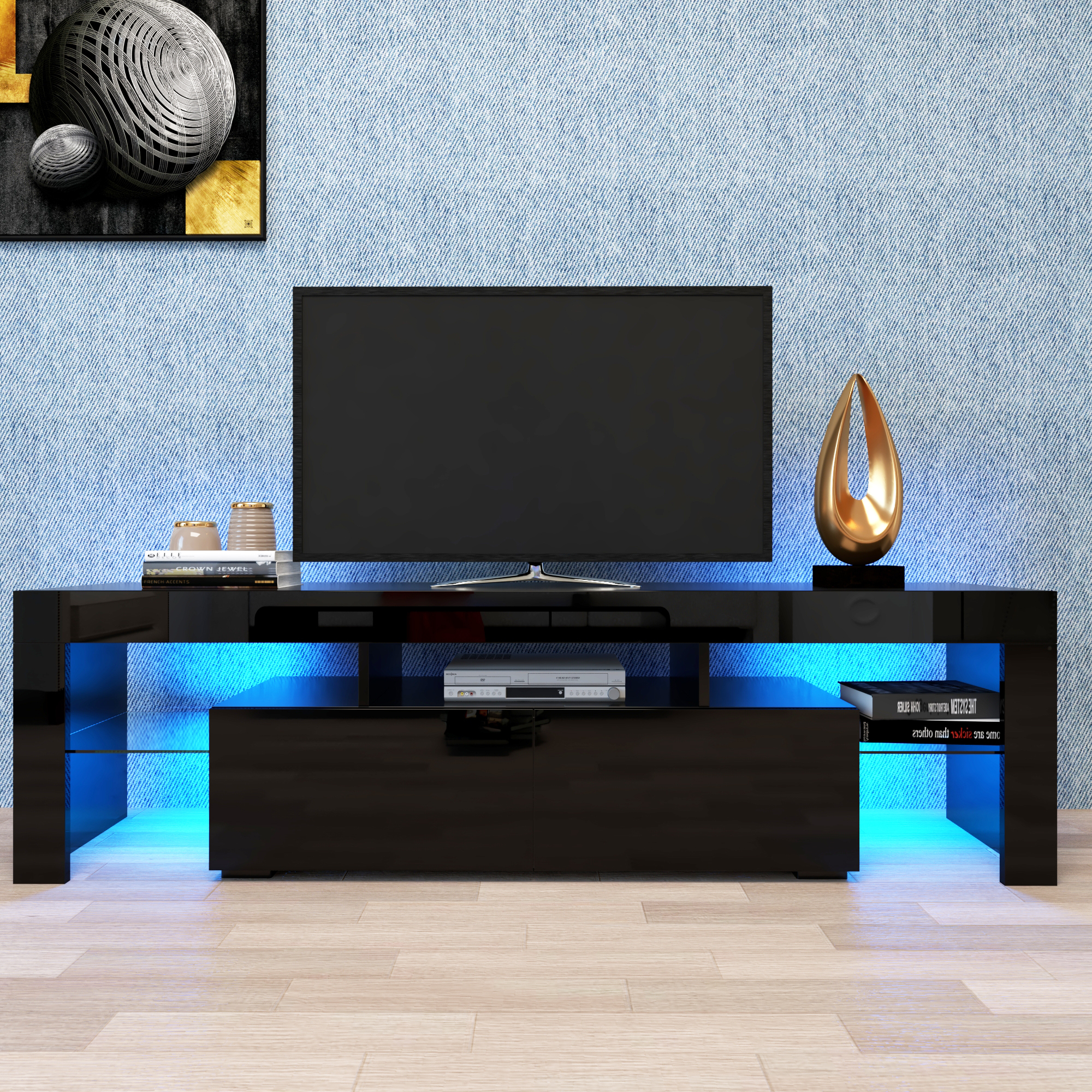 Anmytek Modern Black TV Stand Entertainment Center 20 Colors LED Lights With Remote Control For Living Room