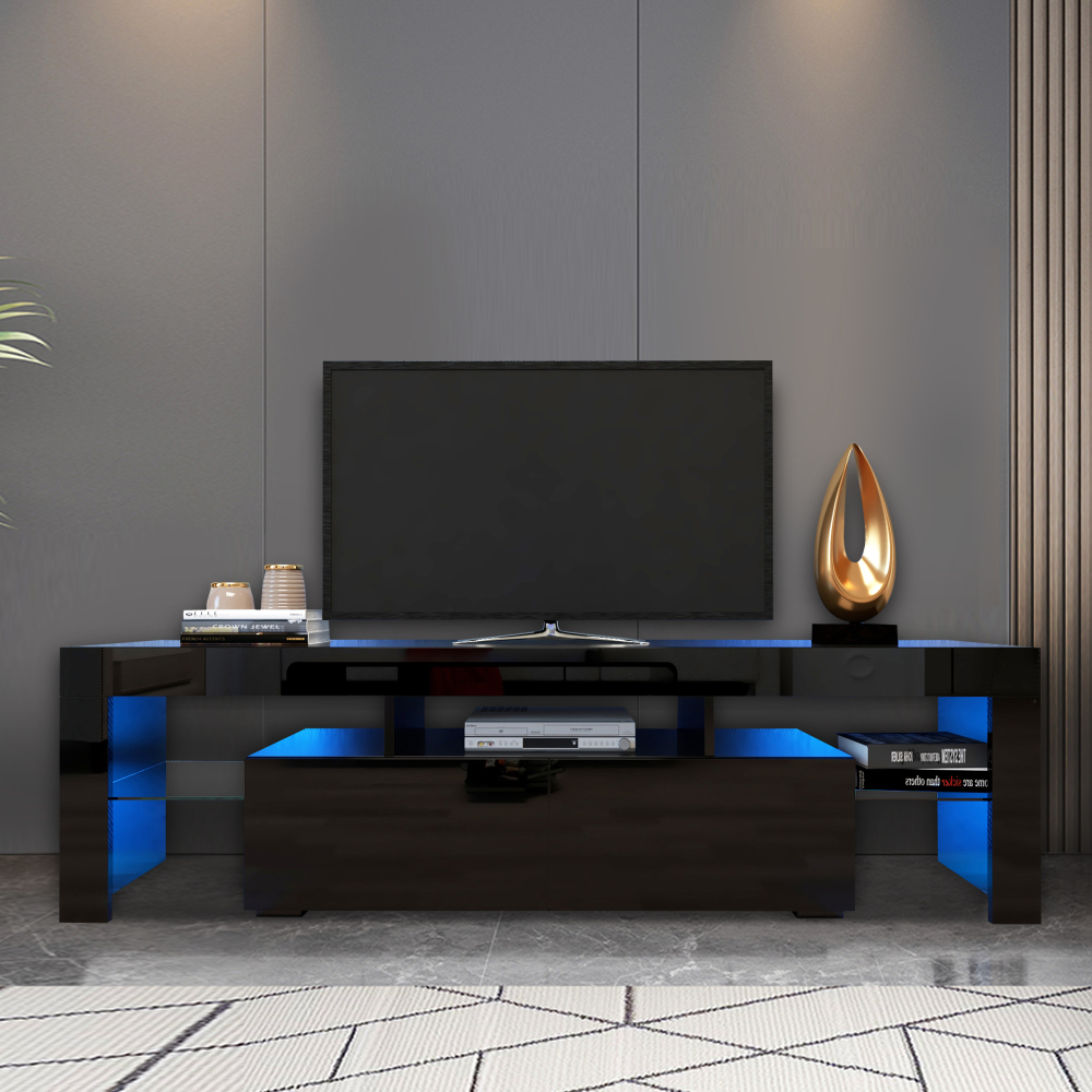 Anmytek Modern Black TV Stand Entertainment Center 20 Colors LED Lights With Remote Control For Living Room