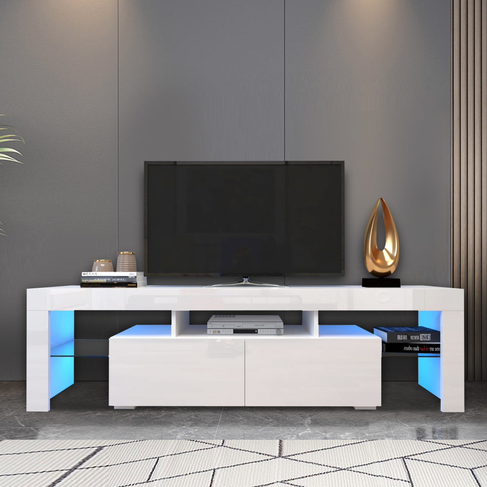 Anmytek Modern White TV Stand Entertainment Center 20 Colors LED Lights With Remote Control For Living Room