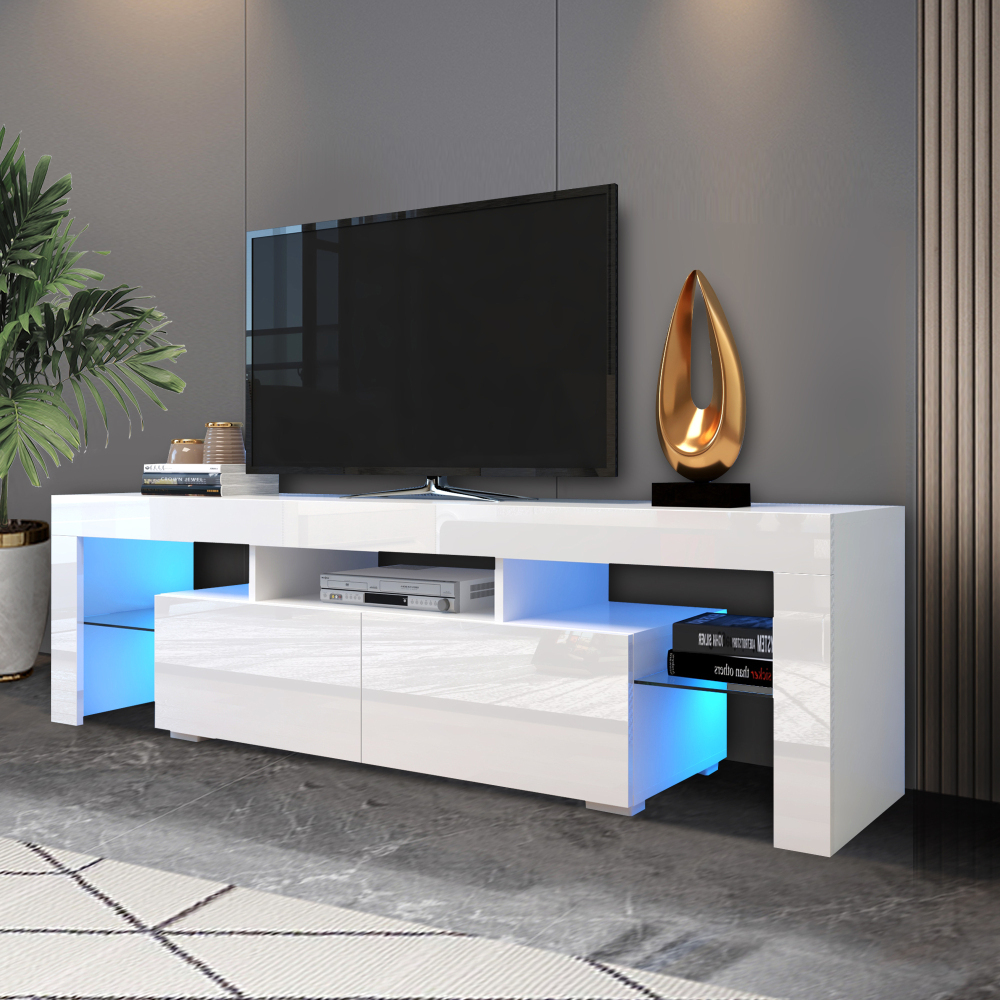 Anmytek Modern White TV Stand Entertainment Center 20 Colors LED Lights With Remote Control For Living Room