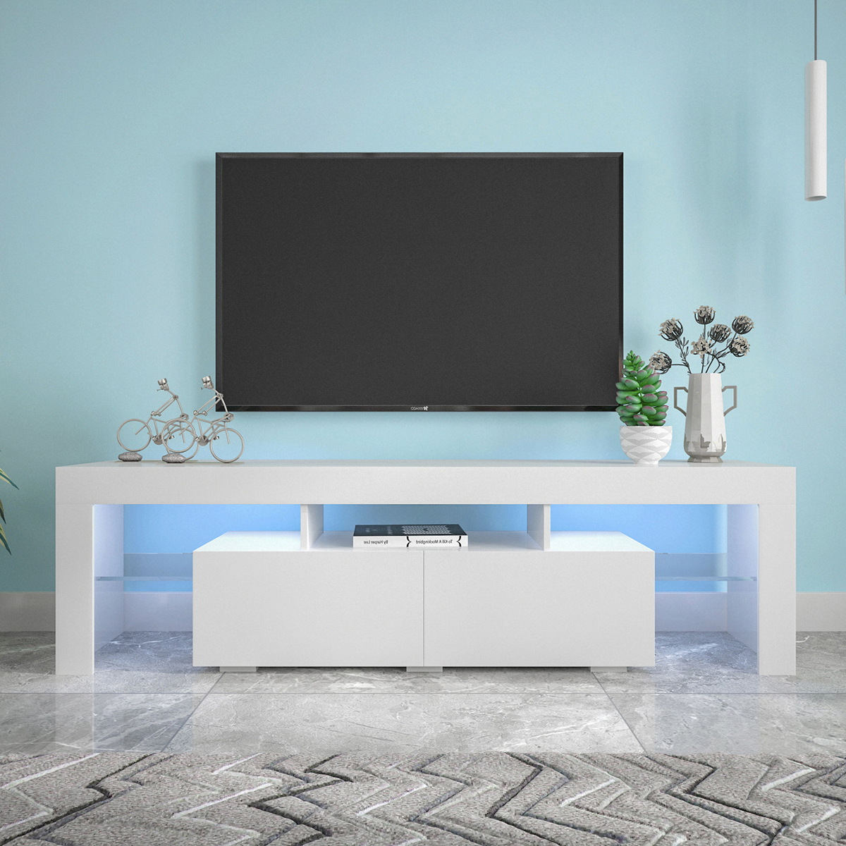 Anmytek Modern White TV Stand Entertainment Center 20 Colors LED Lights With Remote Control For Living Room