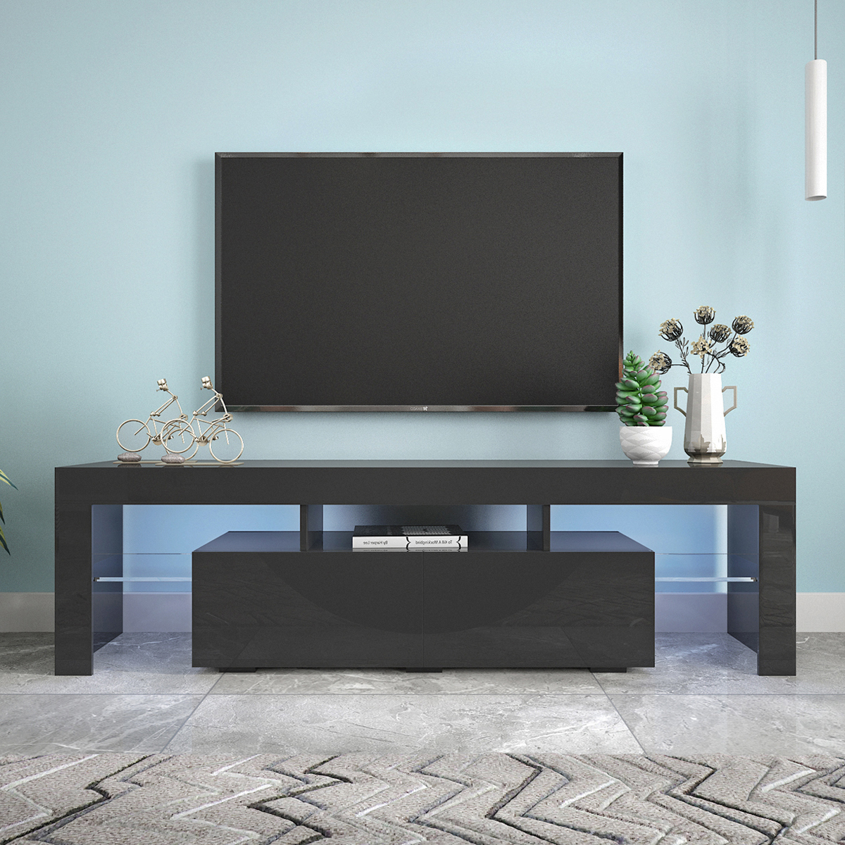 Anmytek Modern Black TV Stand Entertainment Center 20 Colors LED Lights With Remote Control For Living Room