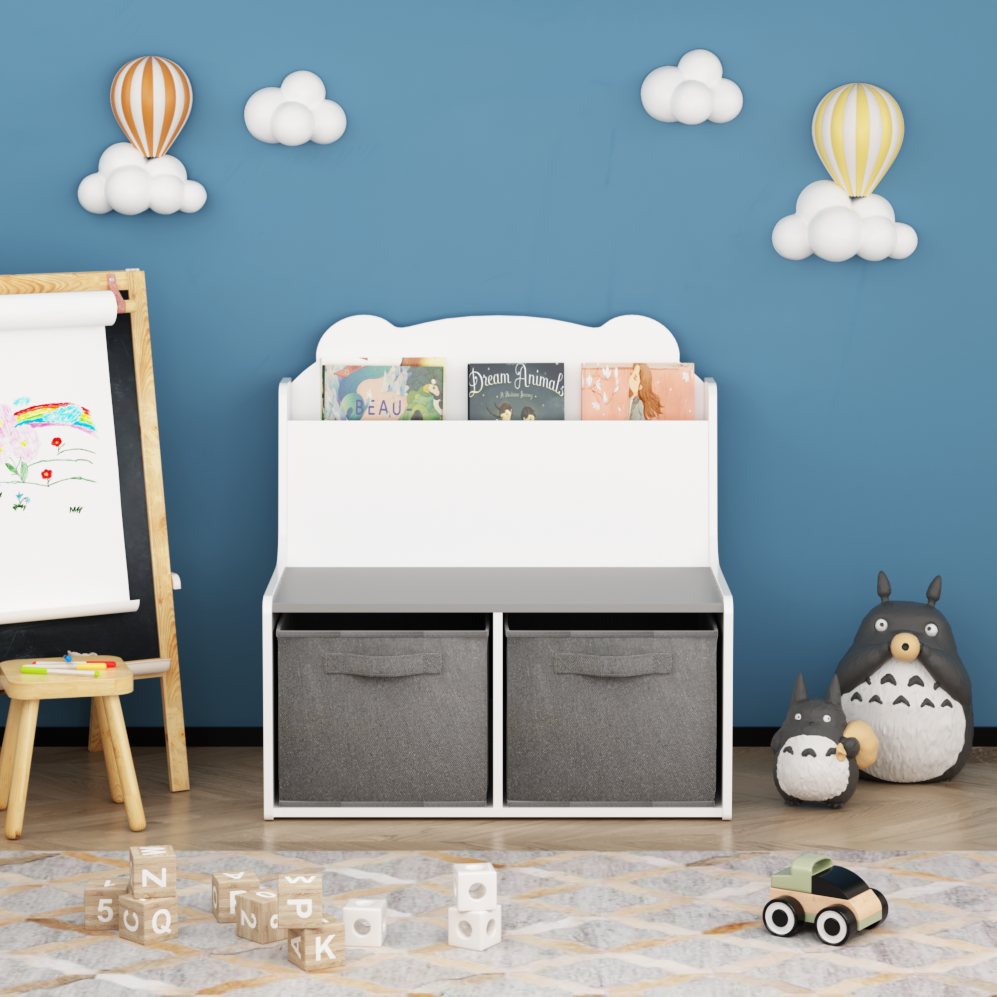 Anmytek Kids Bookshelf Toy Organizer Wooden Bookcase with Book Display Shelf 2 Fabric Storage Bins Cute Bear Shaped Backboard for Toddlers Children White and Gray