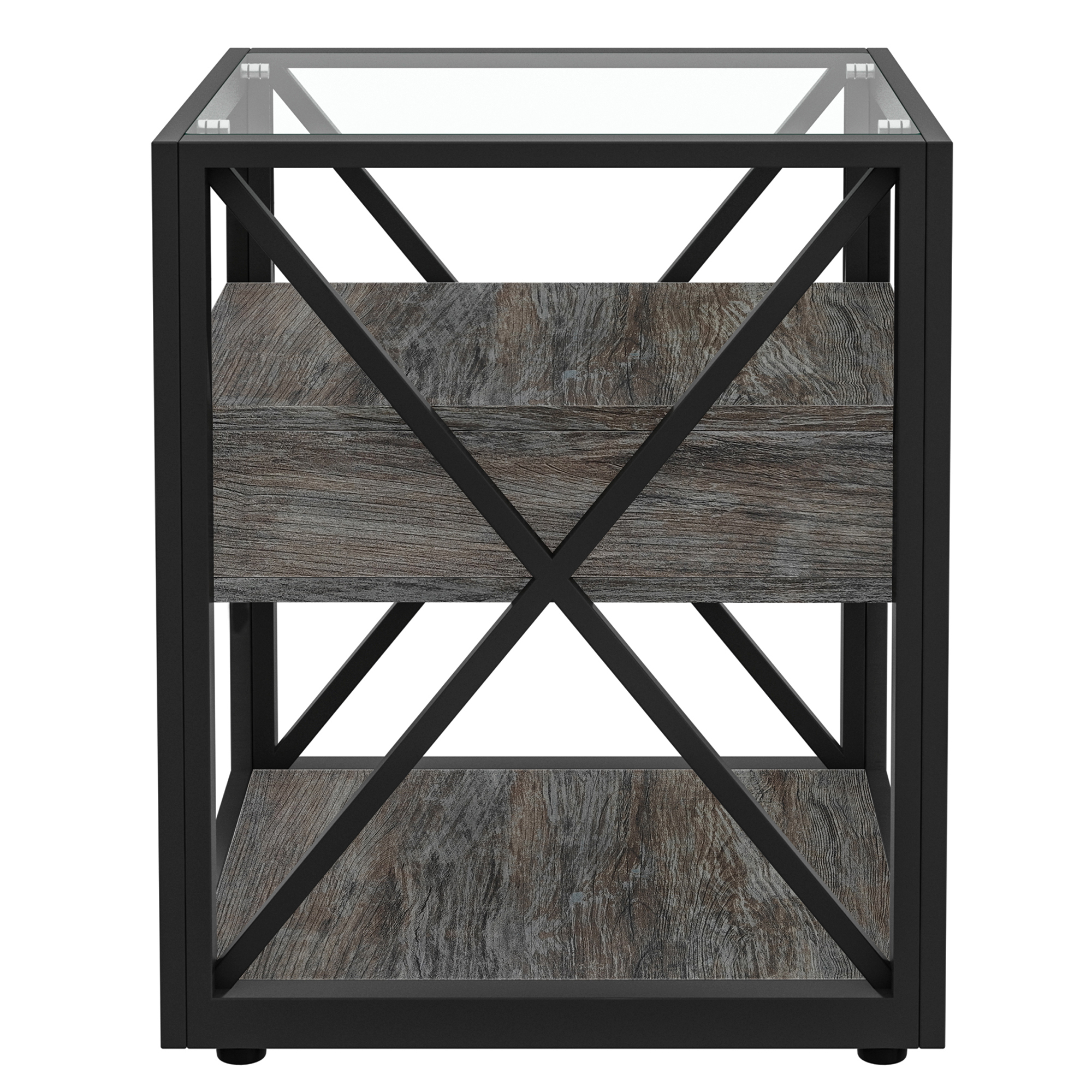 Anmytek Set of 2 Modern End Table with Drawer Industrial Side Nightstand for Bedroom Living Room Rustic Wood Grain MDF Tempered Glass Top