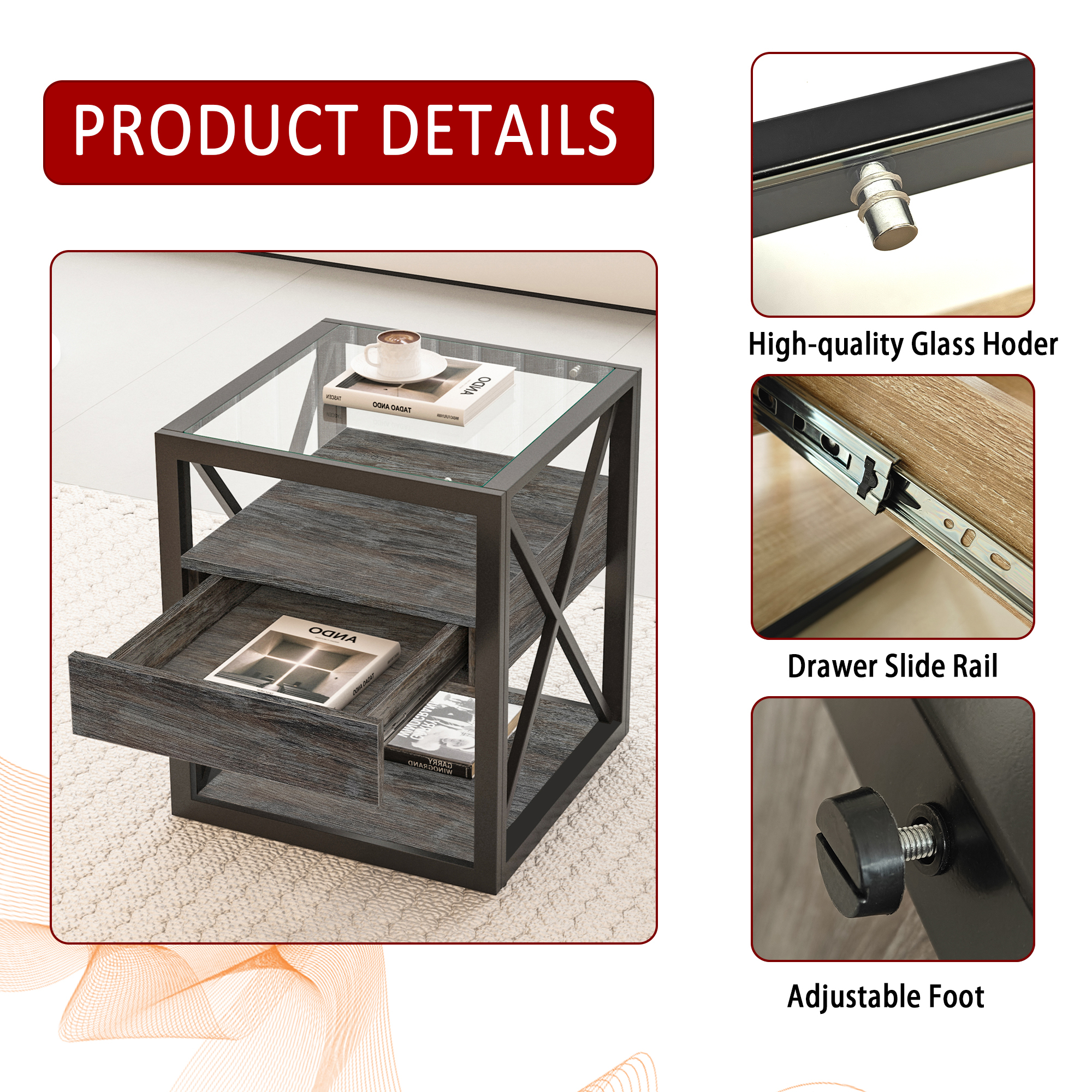 Anmytek Set of 2 Modern End Table with Drawer Industrial Side Nightstand for Bedroom Living Room Rustic Wood Grain MDF Tempered Glass Top
