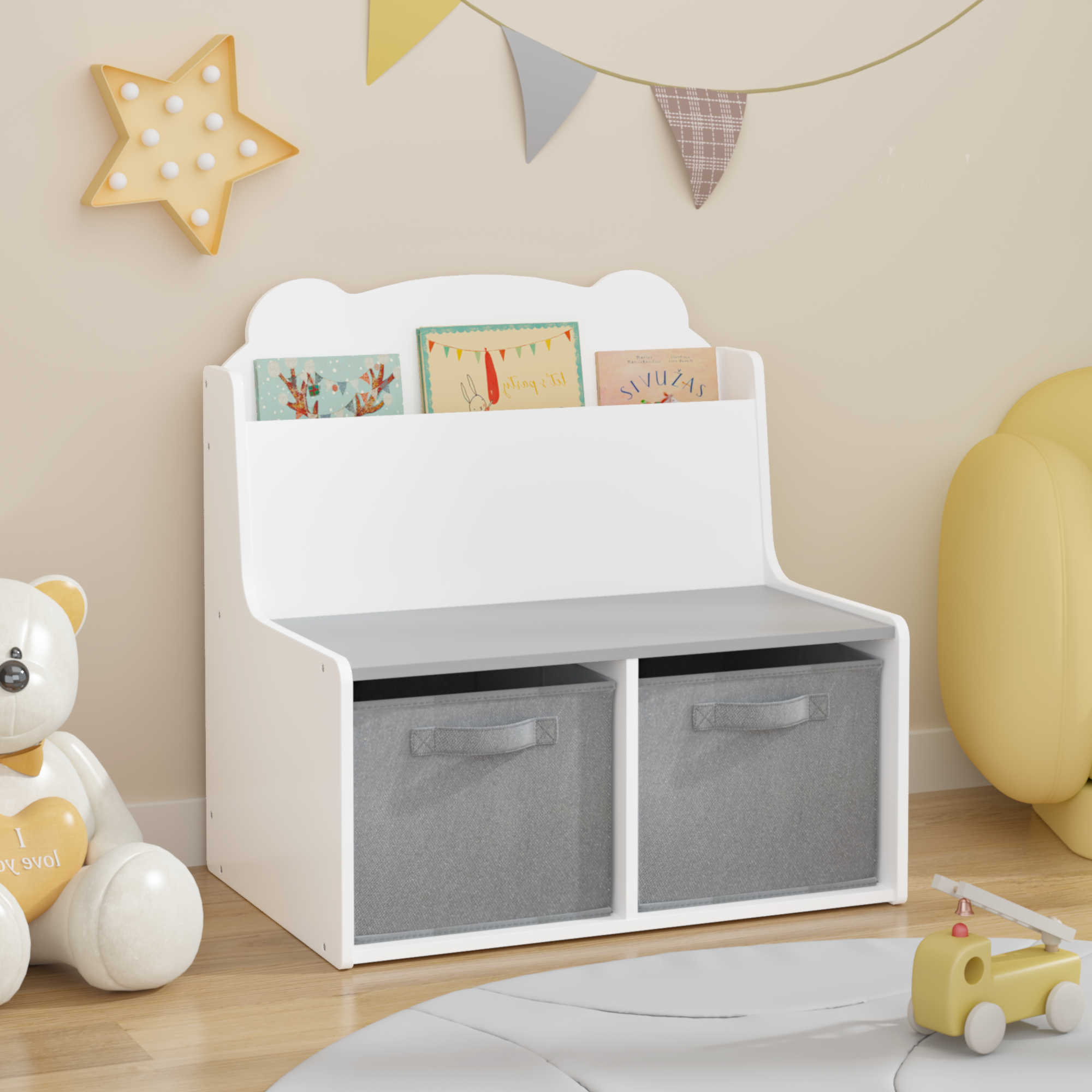 Anmytek Kids Bookshelf Toy Organizer Wooden Bookcase with Book Display Shelf 2 Fabric Storage Bins Cute Bear Shaped Backboard for Toddlers Children White and Gray