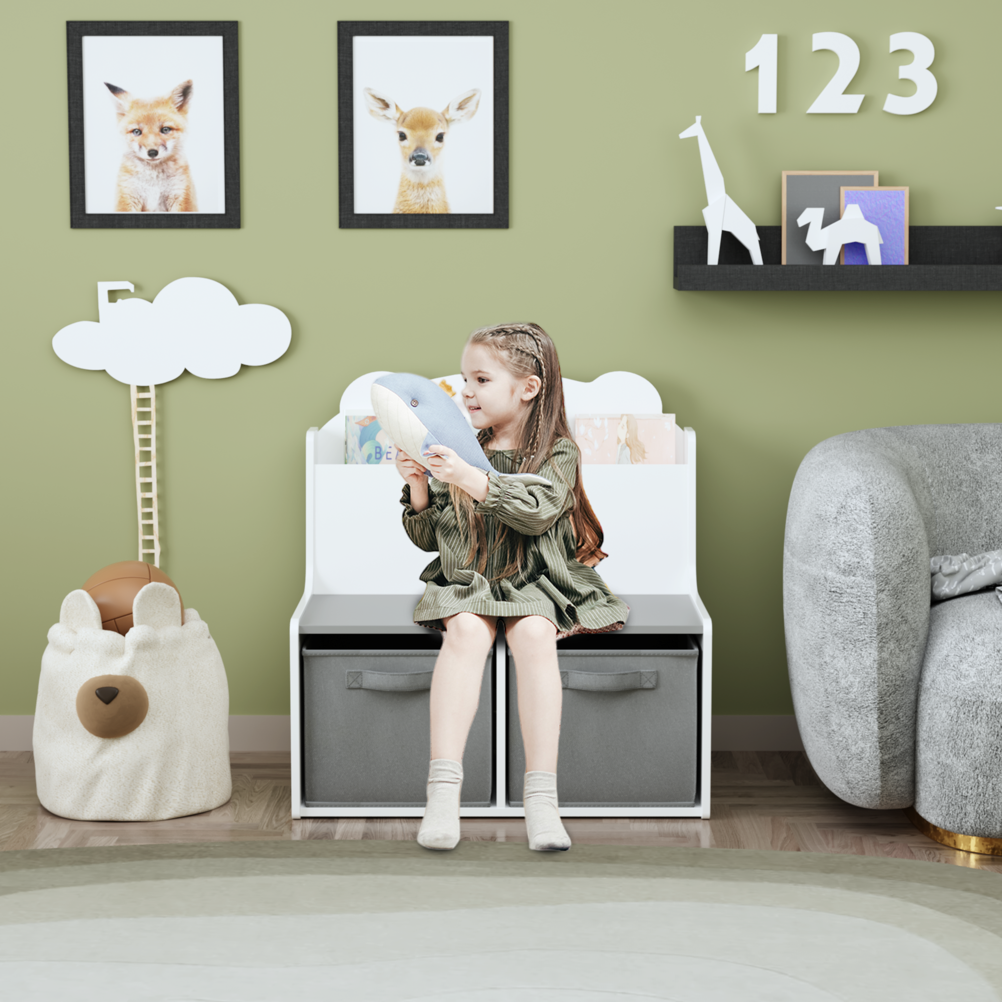 Anmytek Kids Bookshelf Toy Organizer Wooden Bookcase with Book Display Shelf 2 Fabric Storage Bins Cute Bear Shaped Backboard for Toddlers Children White and Gray