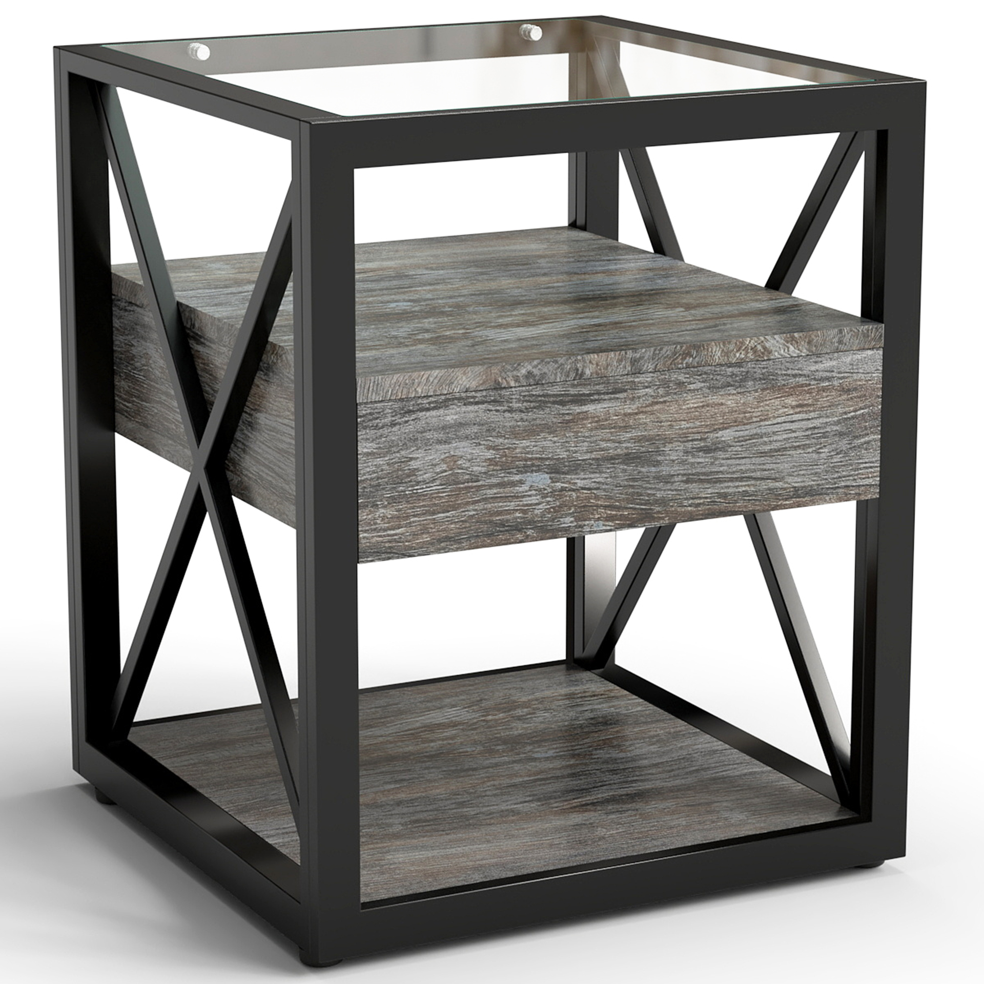 Anmytek Set of 2 Modern End Table with Drawer Industrial Side Nightstand for Bedroom Living Room Rustic Wood Grain MDF Tempered Glass Top
