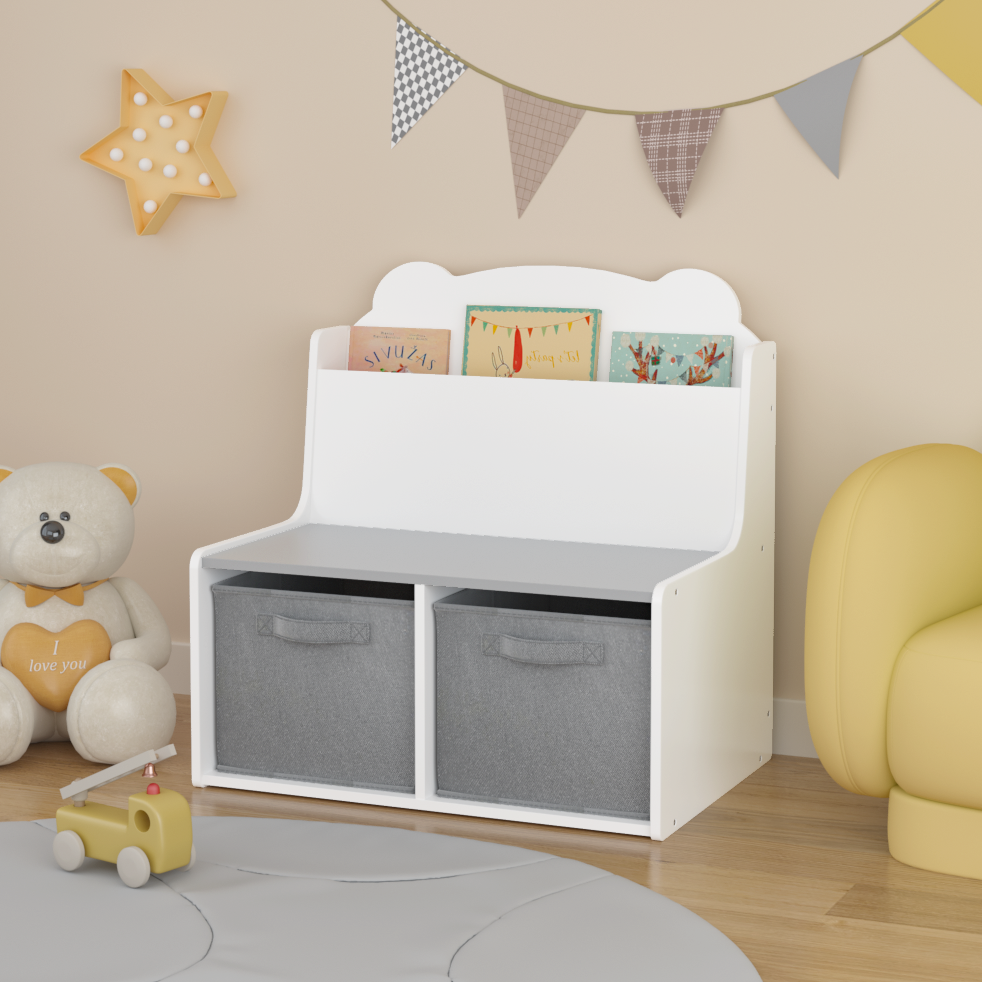 Anmytek Kids Bookshelf Toy Organizer Wooden Bookcase with Book Display Shelf 2 Fabric Storage Bins Cute Bear Shaped Backboard for Toddlers Children White and Gray