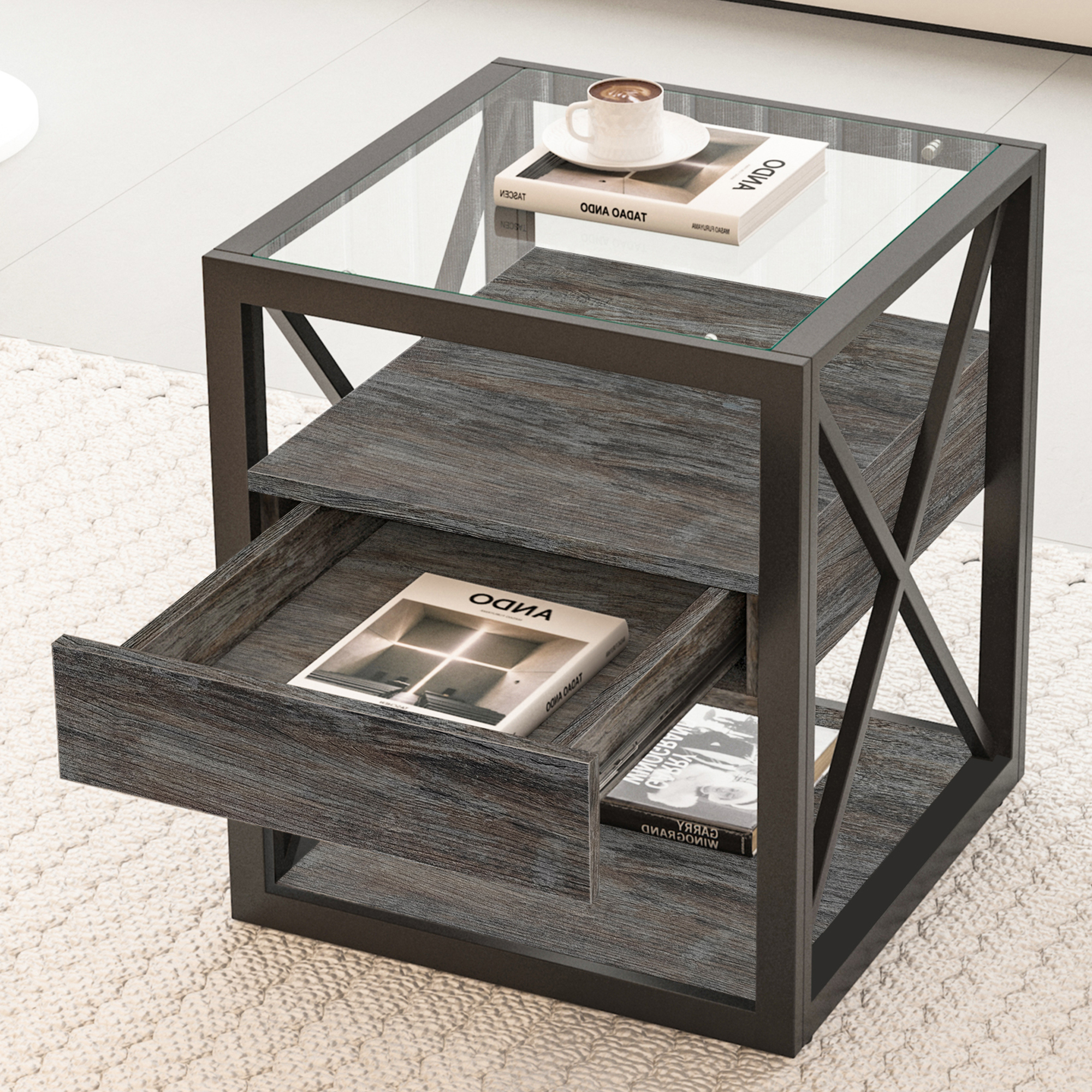 Anmytek Set of 2 Modern End Table with Drawer Industrial Side Nightstand for Bedroom Living Room Rustic Wood Grain MDF Tempered Glass Top
