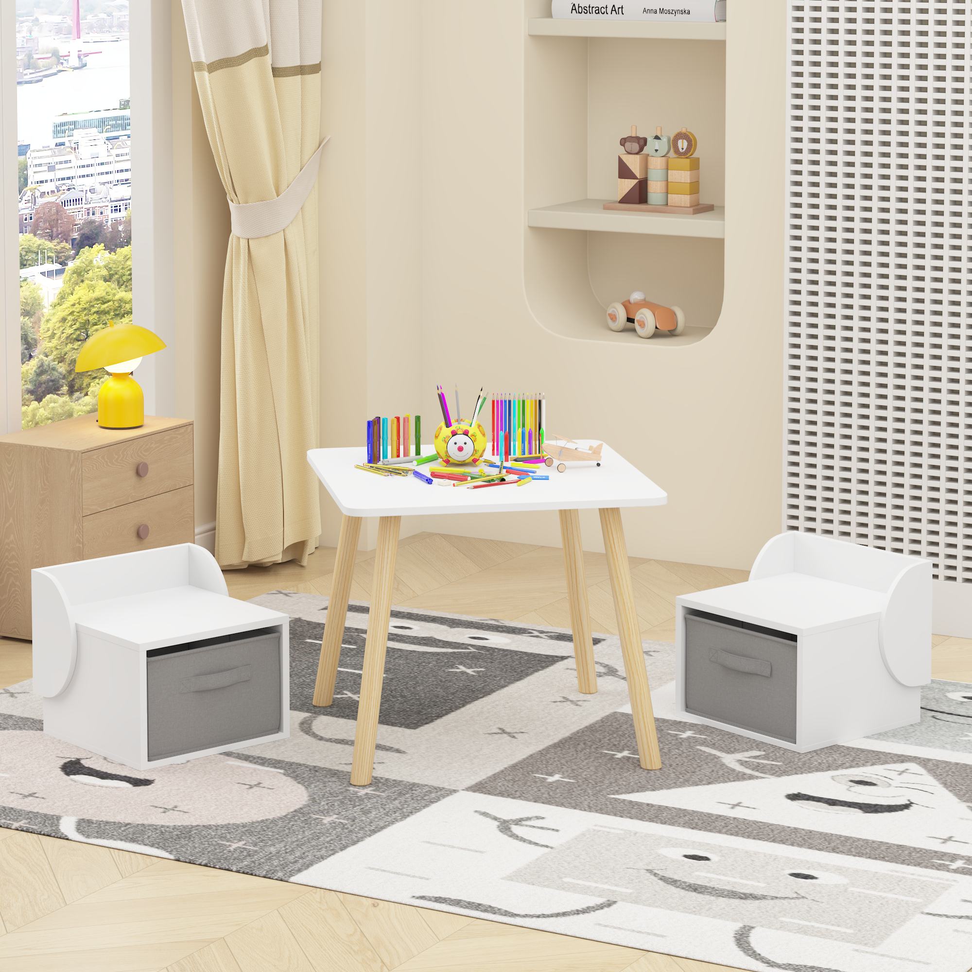 Anmytek Kids Table and 2 Chair Set 3 Piece Toddler Activity Play Table with Storage Bins Wooden Children Furniture for Playroom Bedroom White and Natural