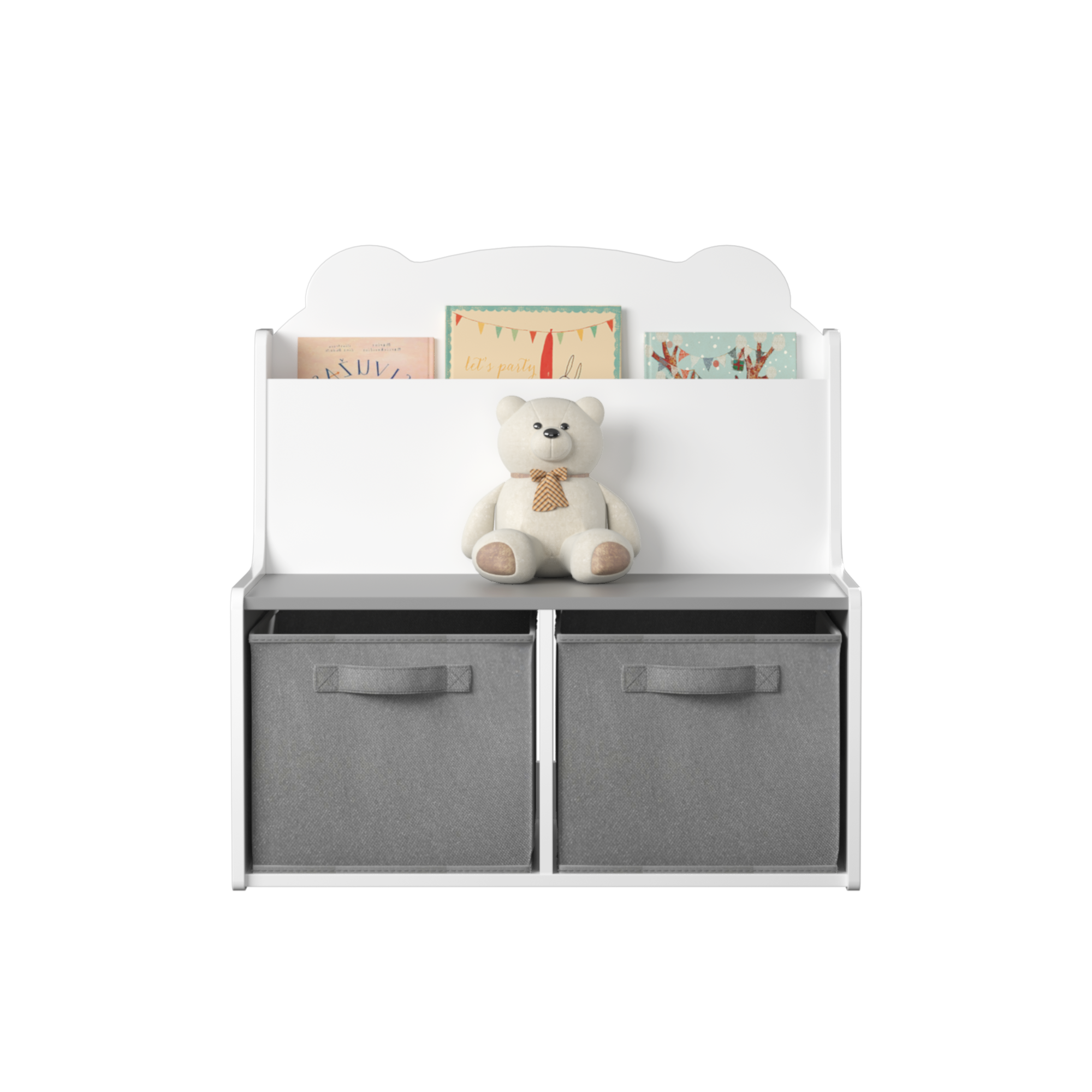 Anmytek Kids Bookshelf Toy Organizer Wooden Bookcase with Book Display Shelf 2 Fabric Storage Bins Cute Bear Shaped Backboard for Toddlers Children White and Gray