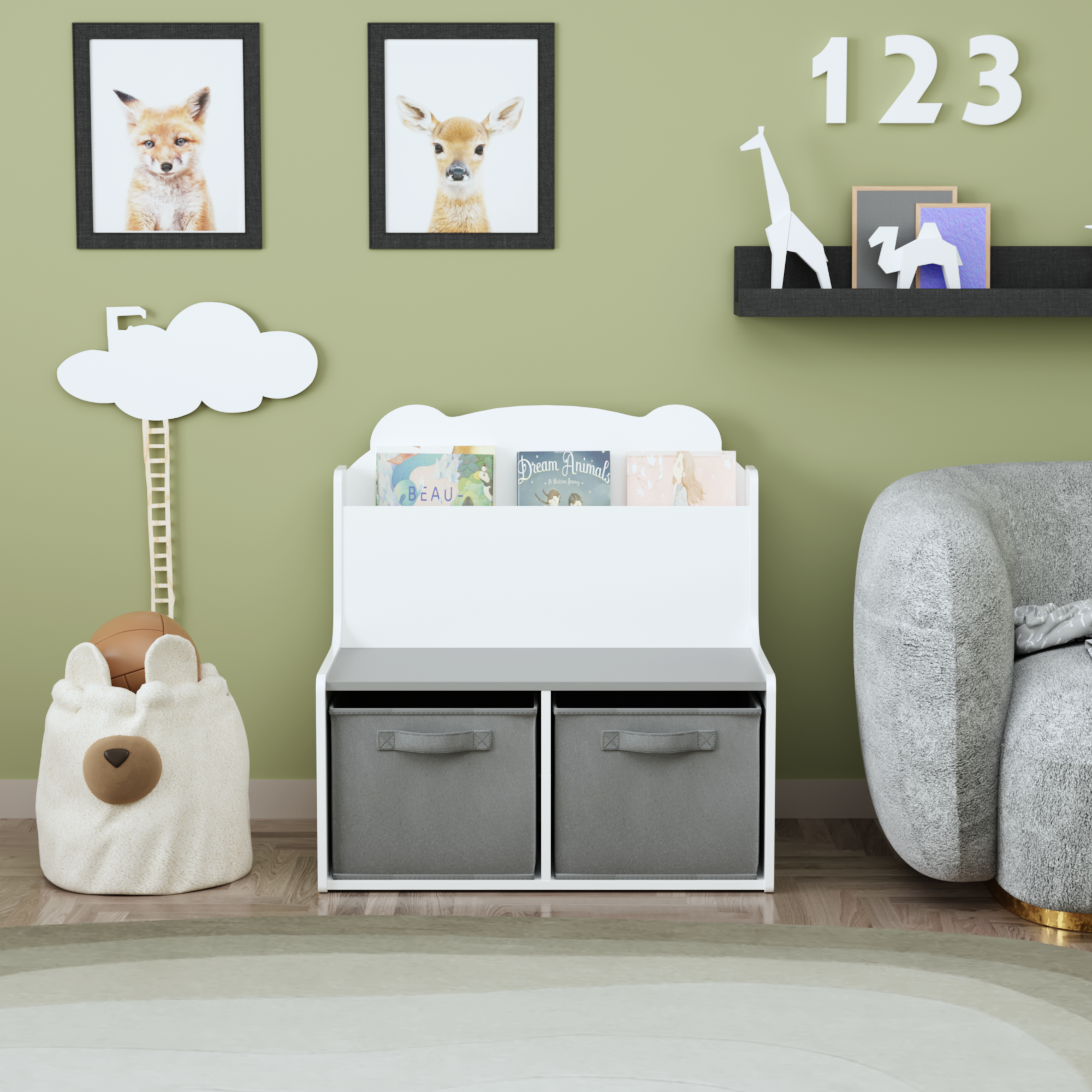 Anmytek Kids Bookshelf Toy Organizer Wooden Bookcase with Book Display Shelf 2 Fabric Storage Bins Cute Bear Shaped Backboard for Toddlers Children White and Gray
