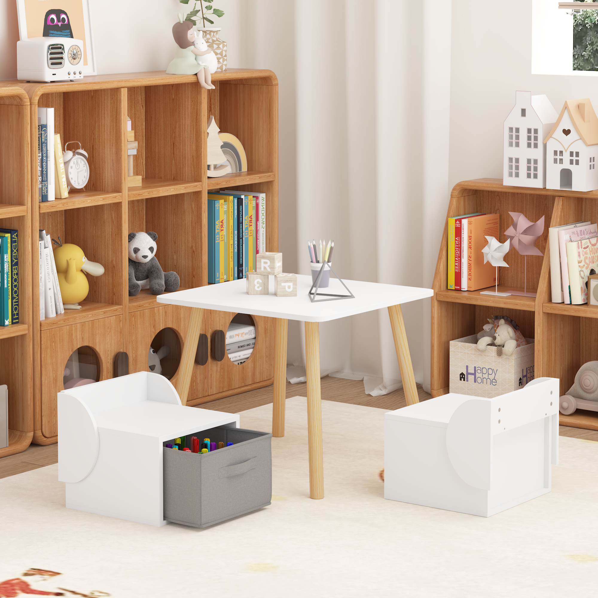 Anmytek Kids Table and 2 Chair Set 3 Piece Toddler Activity Play Table with Storage Bins Wooden Children Furniture for Playroom Bedroom White and Natural