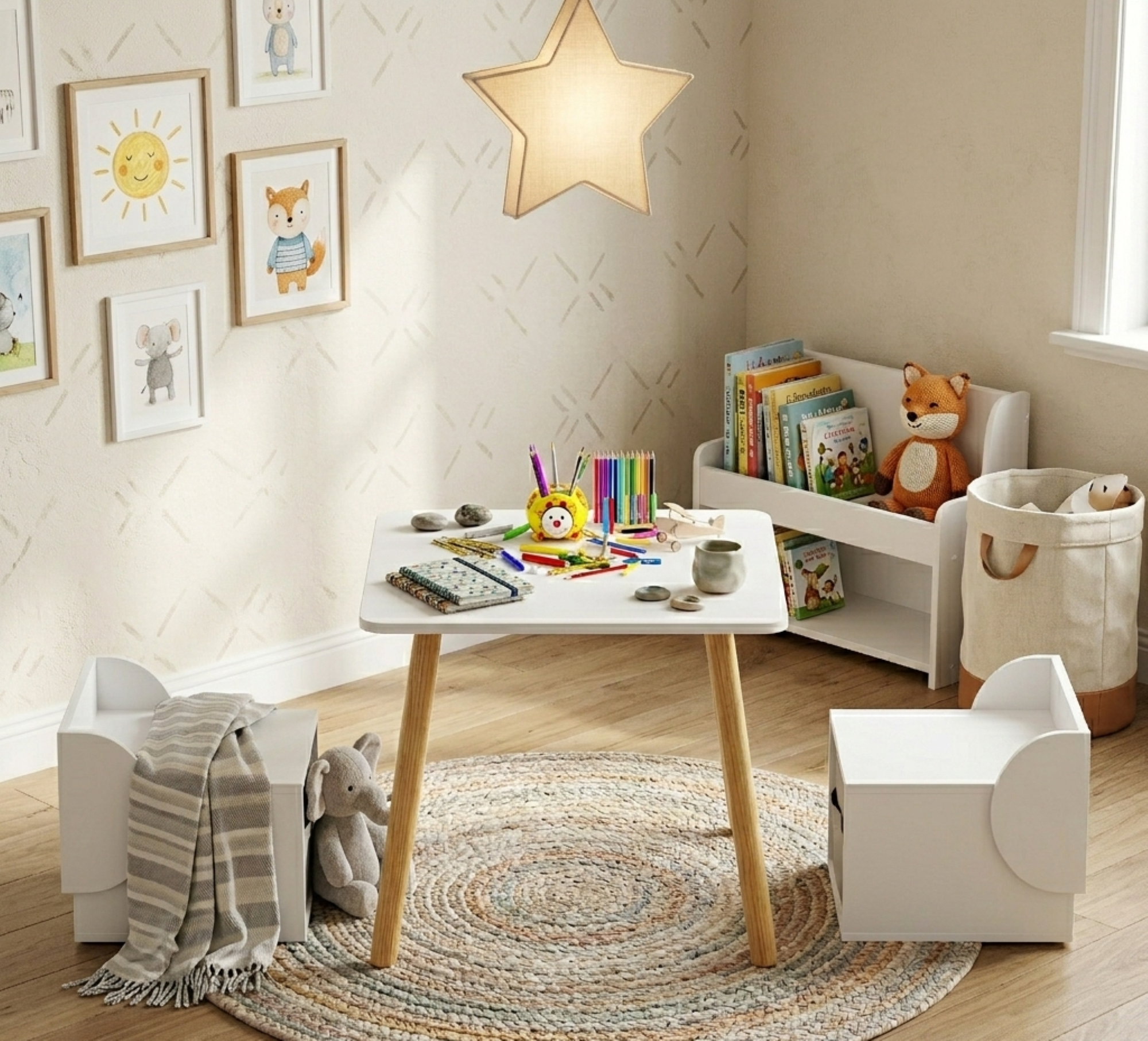 Anmytek Kids Table and 2 Chair Set 3 Piece Toddler Activity Play Table with Storage Bins Wooden Children Furniture for Playroom Bedroom White and Natural