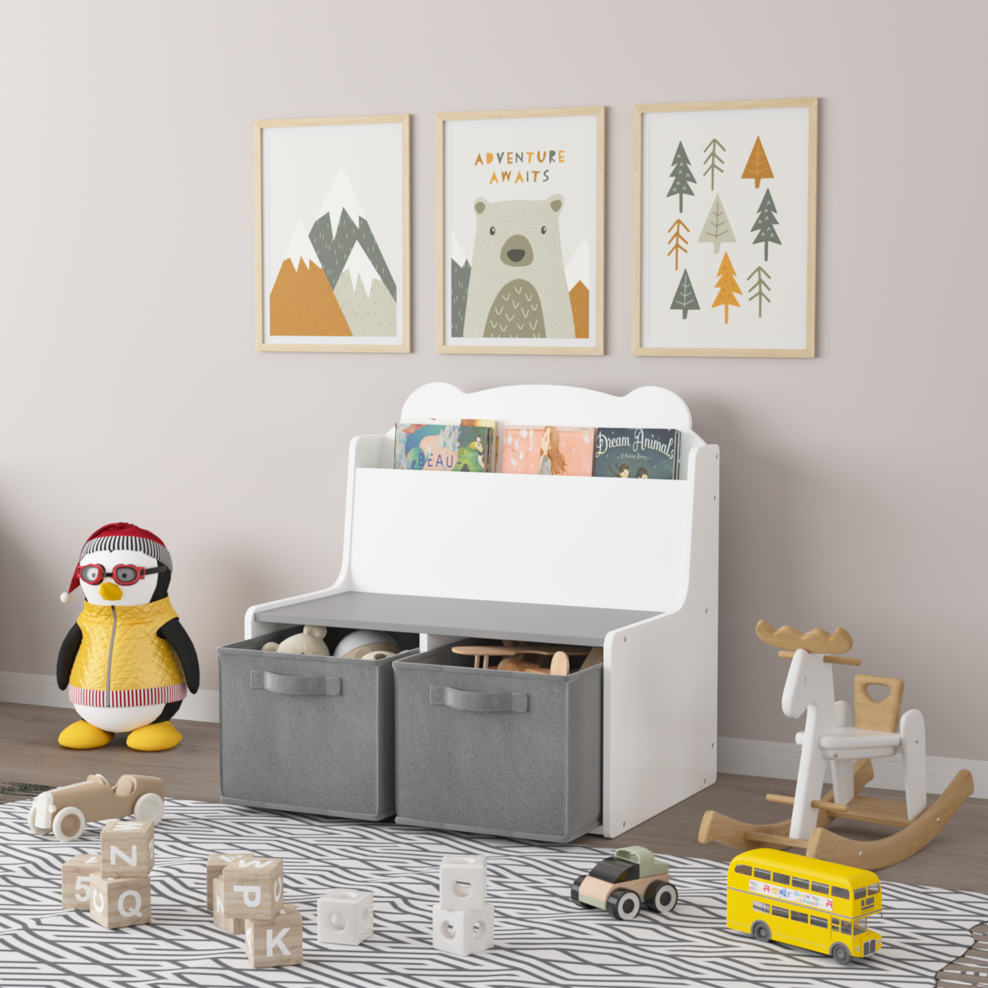 Anmytek Kids Bookshelf Toy Organizer Wooden Bookcase with Book Display Shelf 2 Fabric Storage Bins Cute Bear Shaped Backboard for Toddlers Children White and Gray