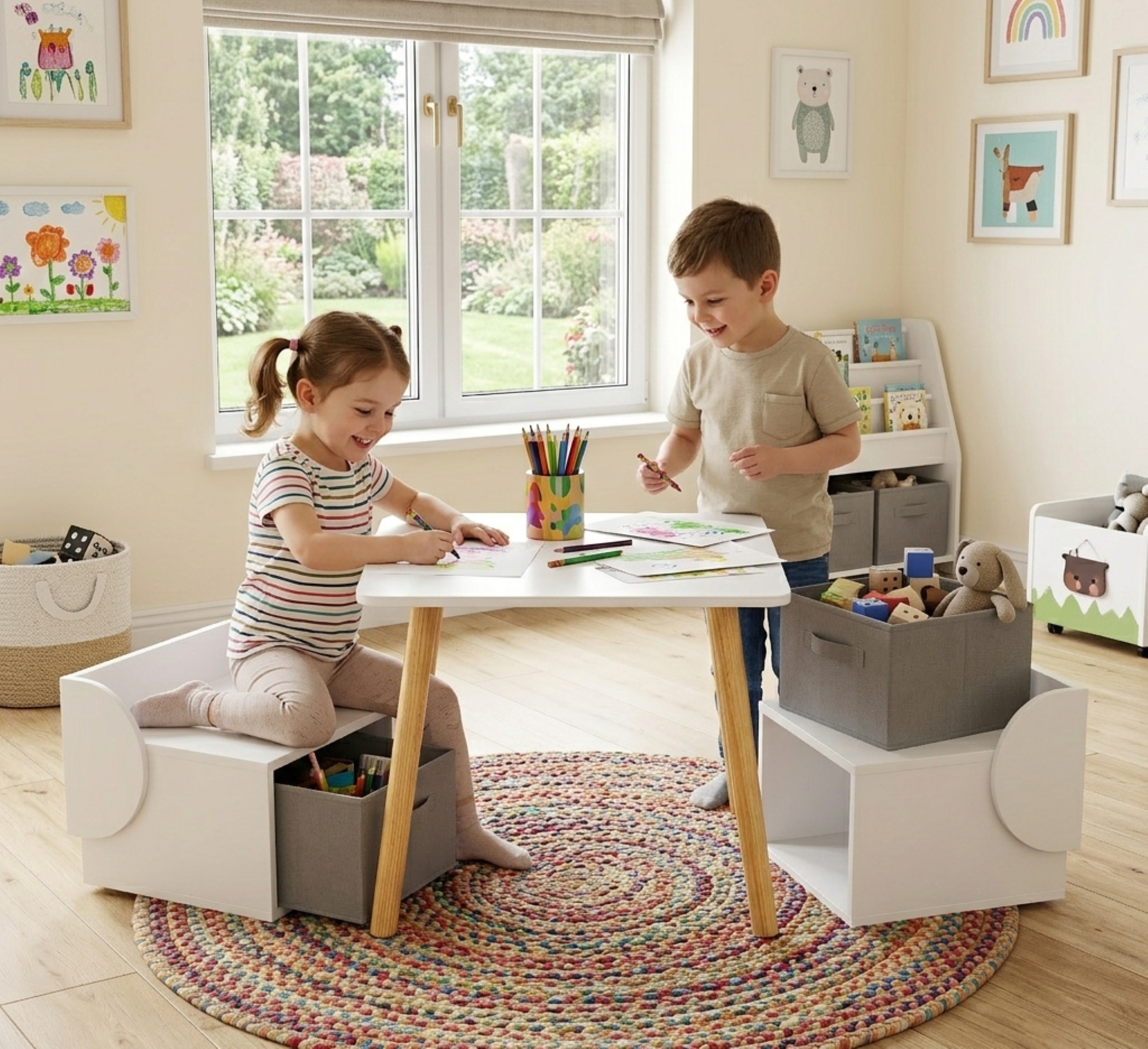 Anmytek Kids Table and 2 Chair Set 3 Piece Toddler Activity Play Table with Storage Bins Wooden Children Furniture for Playroom Bedroom White and Natural