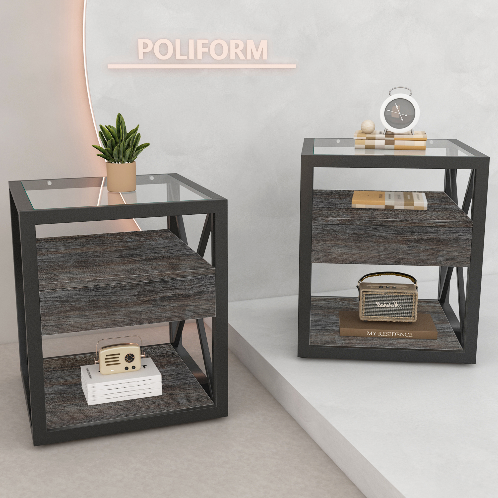 Anmytek Set of 2 Modern End Table with Drawer Industrial Side Nightstand for Bedroom Living Room Rustic Wood Grain MDF Tempered Glass Top