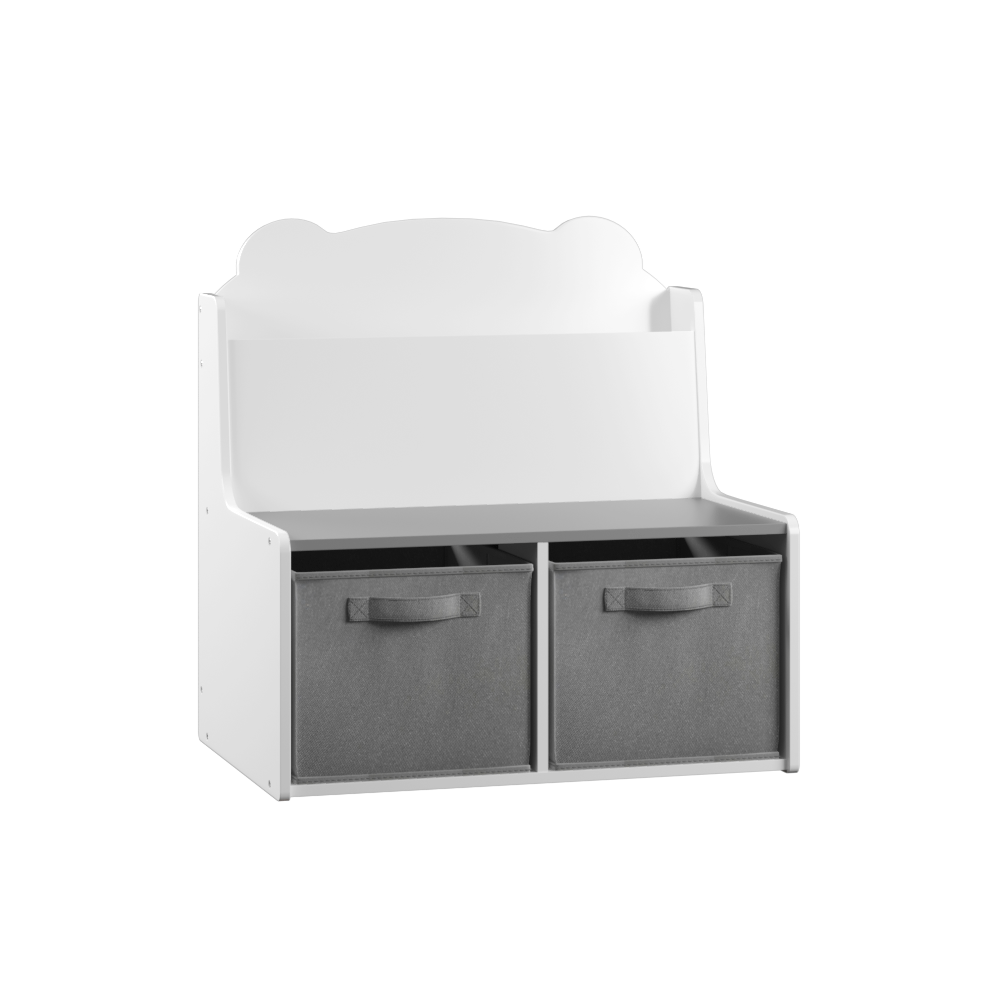 Anmytek Kids Bookshelf Toy Organizer Wooden Bookcase with Book Display Shelf 2 Fabric Storage Bins Cute Bear Shaped Backboard for Toddlers Children White and Gray