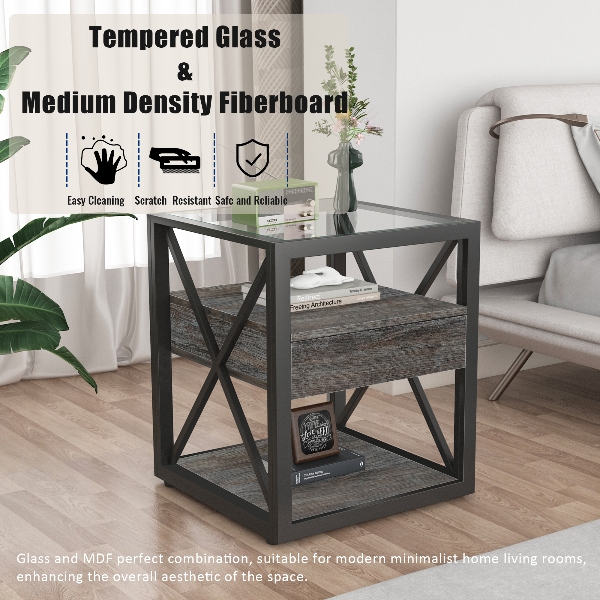 Anmytek Set of 2 Modern End Table with Drawer Industrial Side Nightstand for Bedroom Living Room Rustic Wood Grain MDF Tempered Glass Top