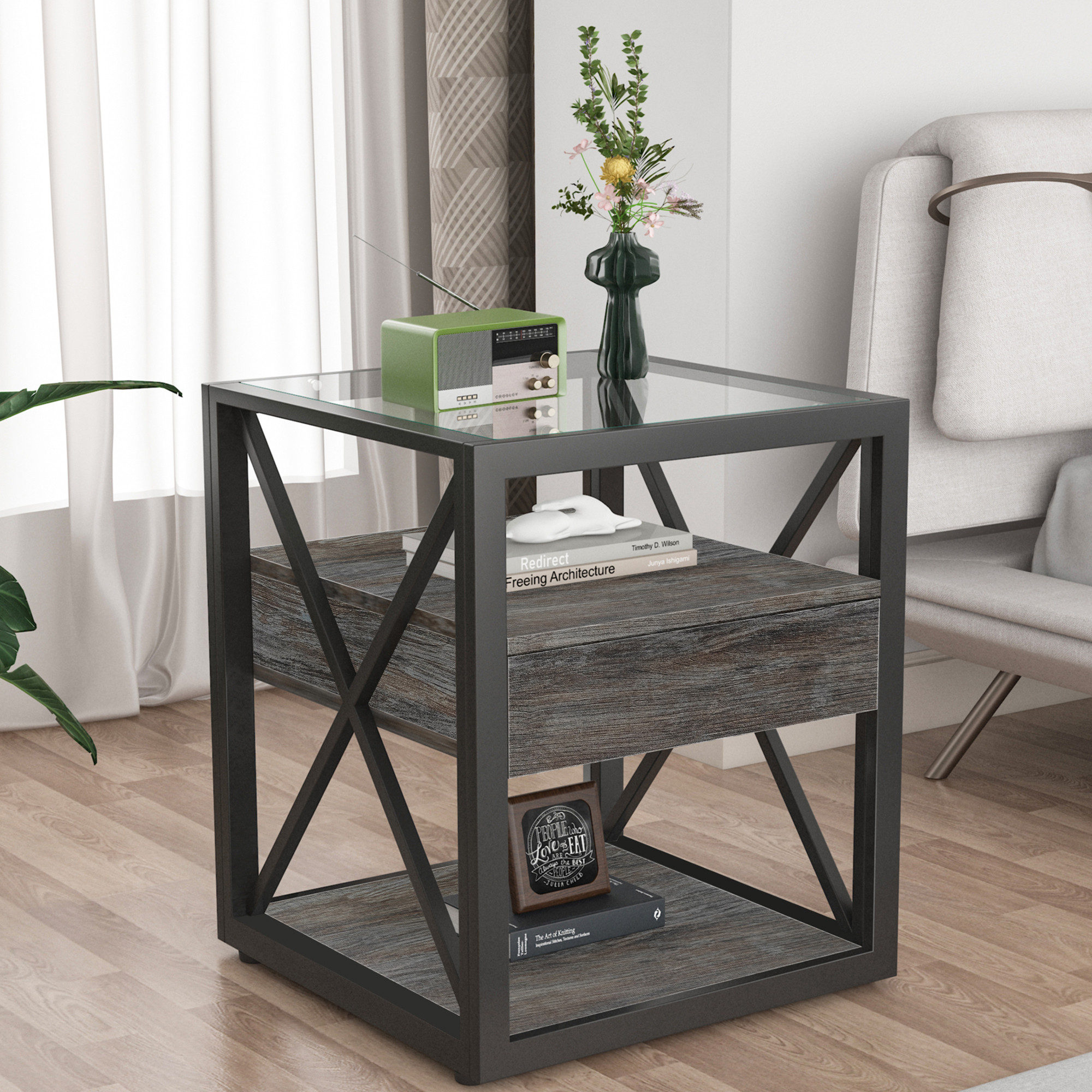 Anmytek Set of 2 Modern End Table with Drawer Industrial Side Nightstand for Bedroom Living Room Rustic Wood Grain MDF Tempered Glass Top