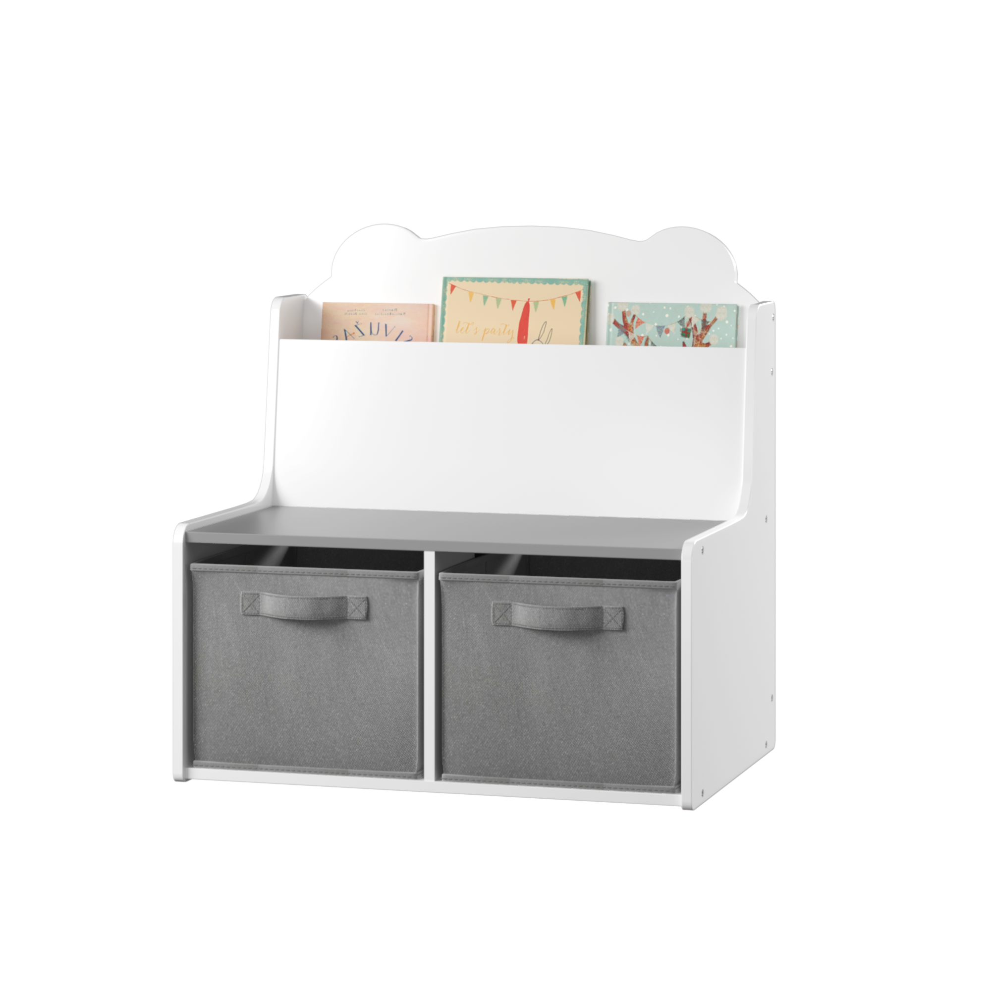 Anmytek Kids Bookshelf Toy Organizer Wooden Bookcase with Book Display Shelf 2 Fabric Storage Bins Cute Bear Shaped Backboard for Toddlers Children White and Gray