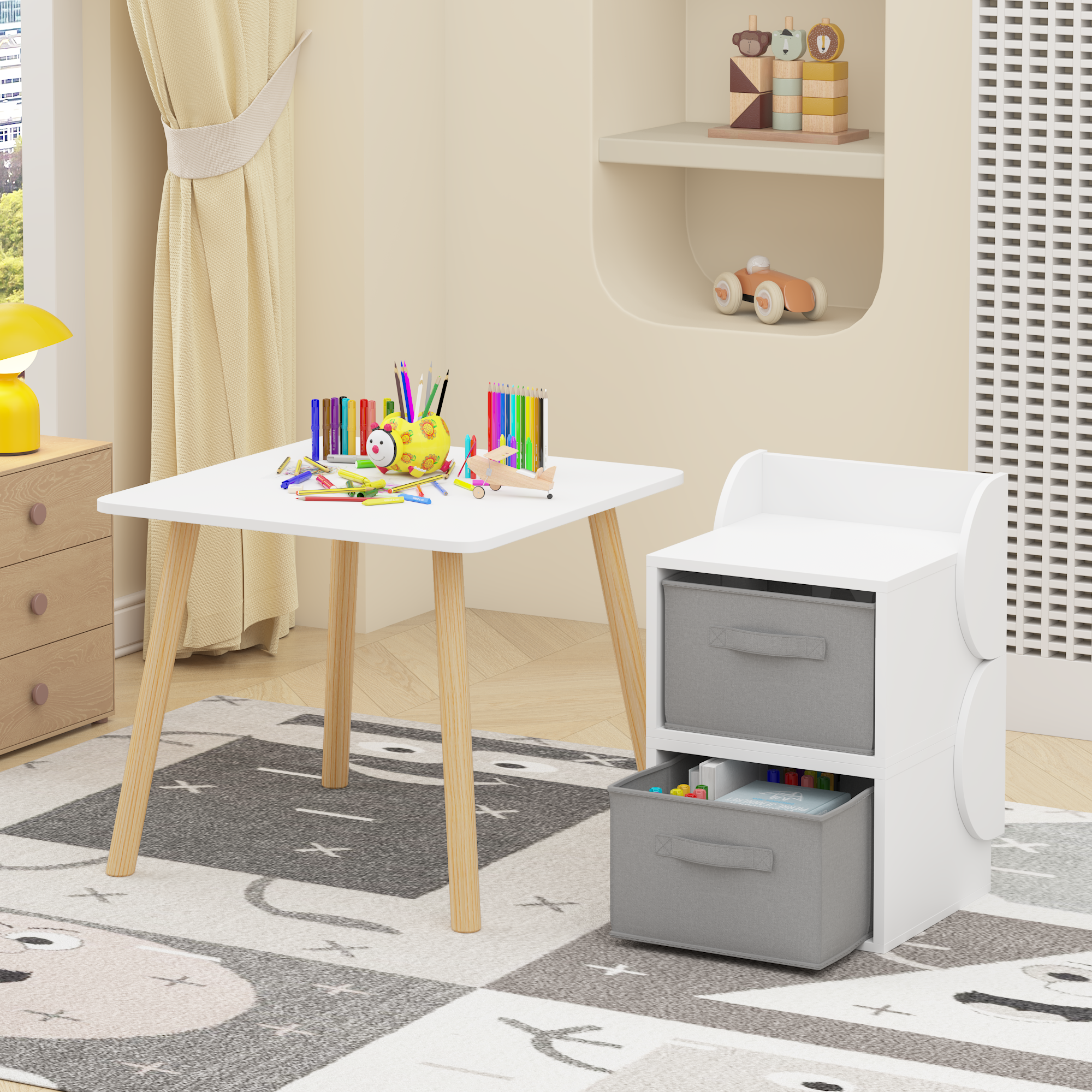 Anmytek Kids Table and 2 Chair Set 3 Piece Toddler Activity Play Table with Storage Bins Wooden Children Furniture for Playroom Bedroom White and Natural