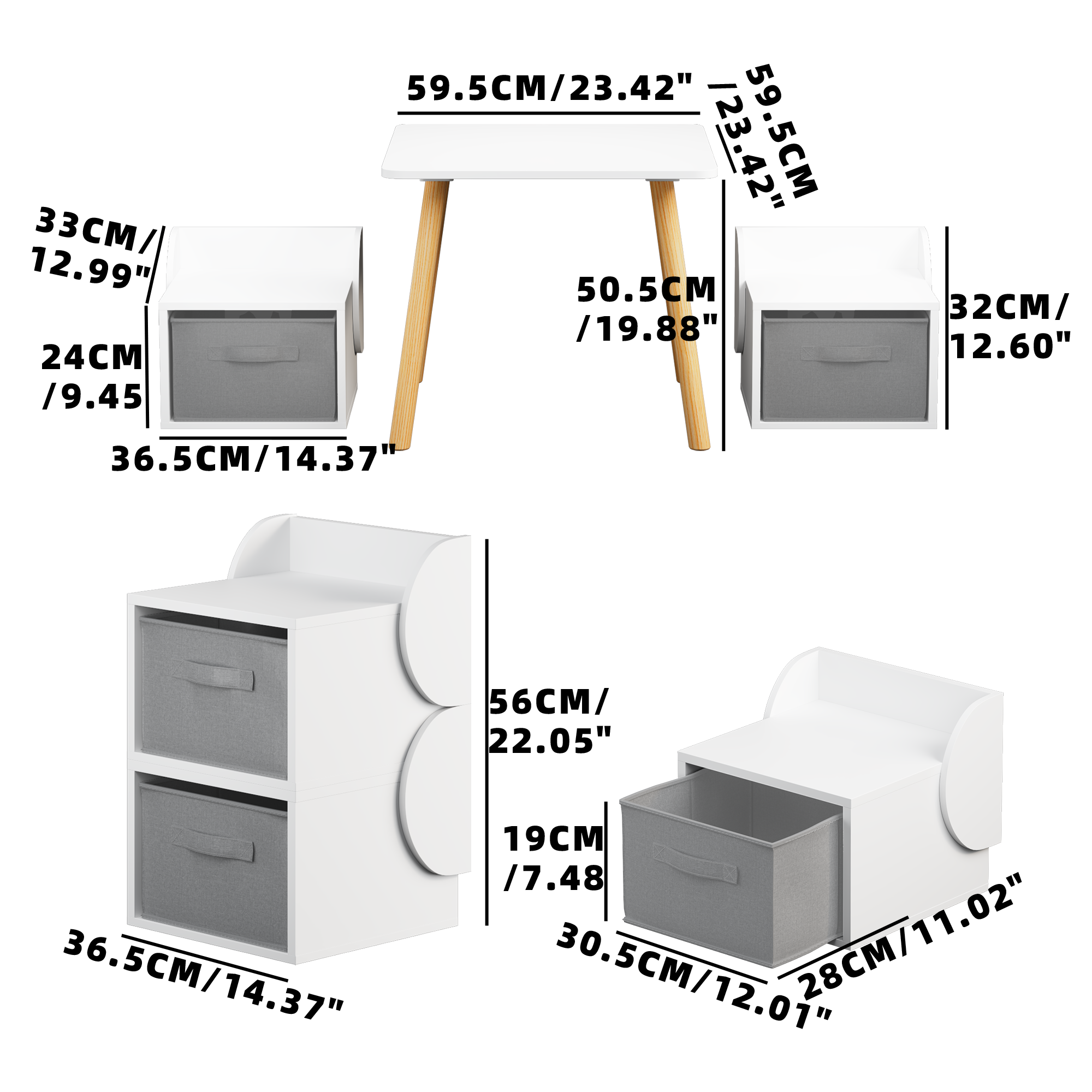 Anmytek Kids Table and 2 Chair Set 3 Piece Toddler Activity Play Table with Storage Bins Wooden Children Furniture for Playroom Bedroom White and Natural