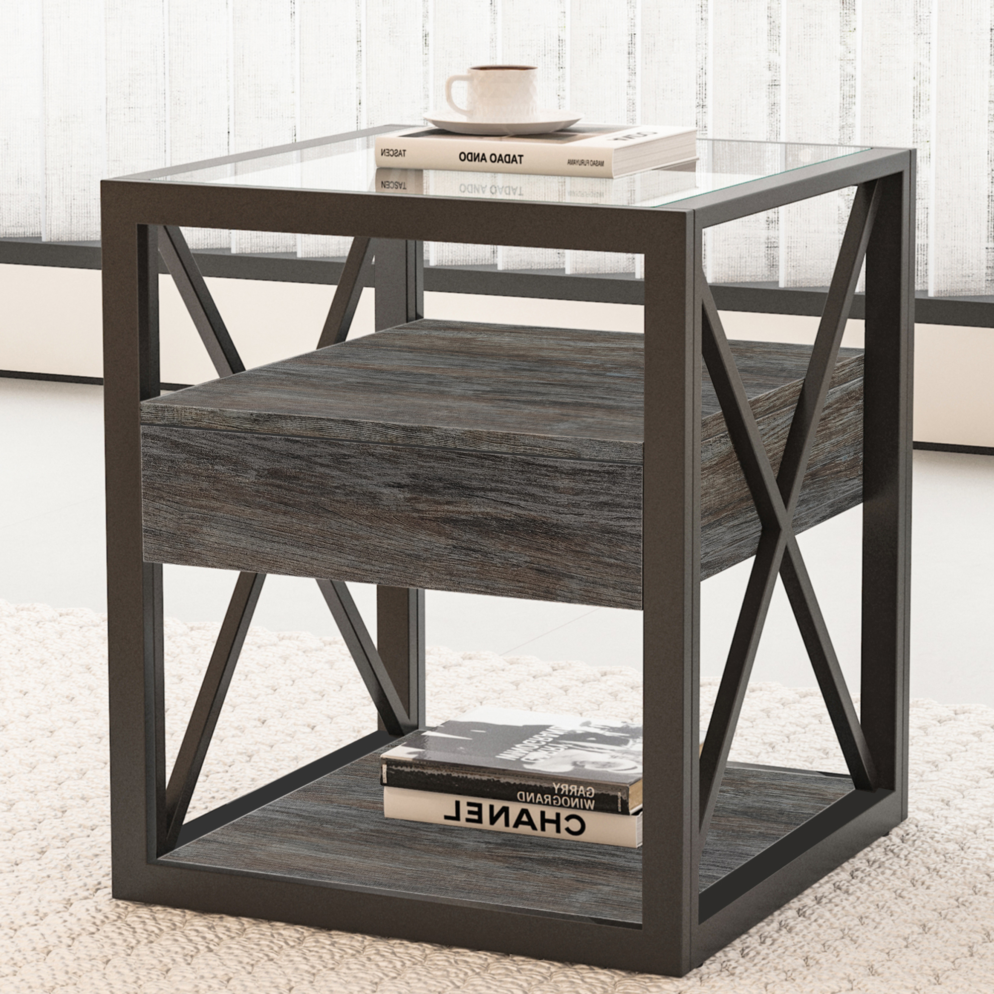 Anmytek Set of 2 Modern End Table with Drawer Industrial Side Nightstand for Bedroom Living Room Rustic Wood Grain MDF Tempered Glass Top