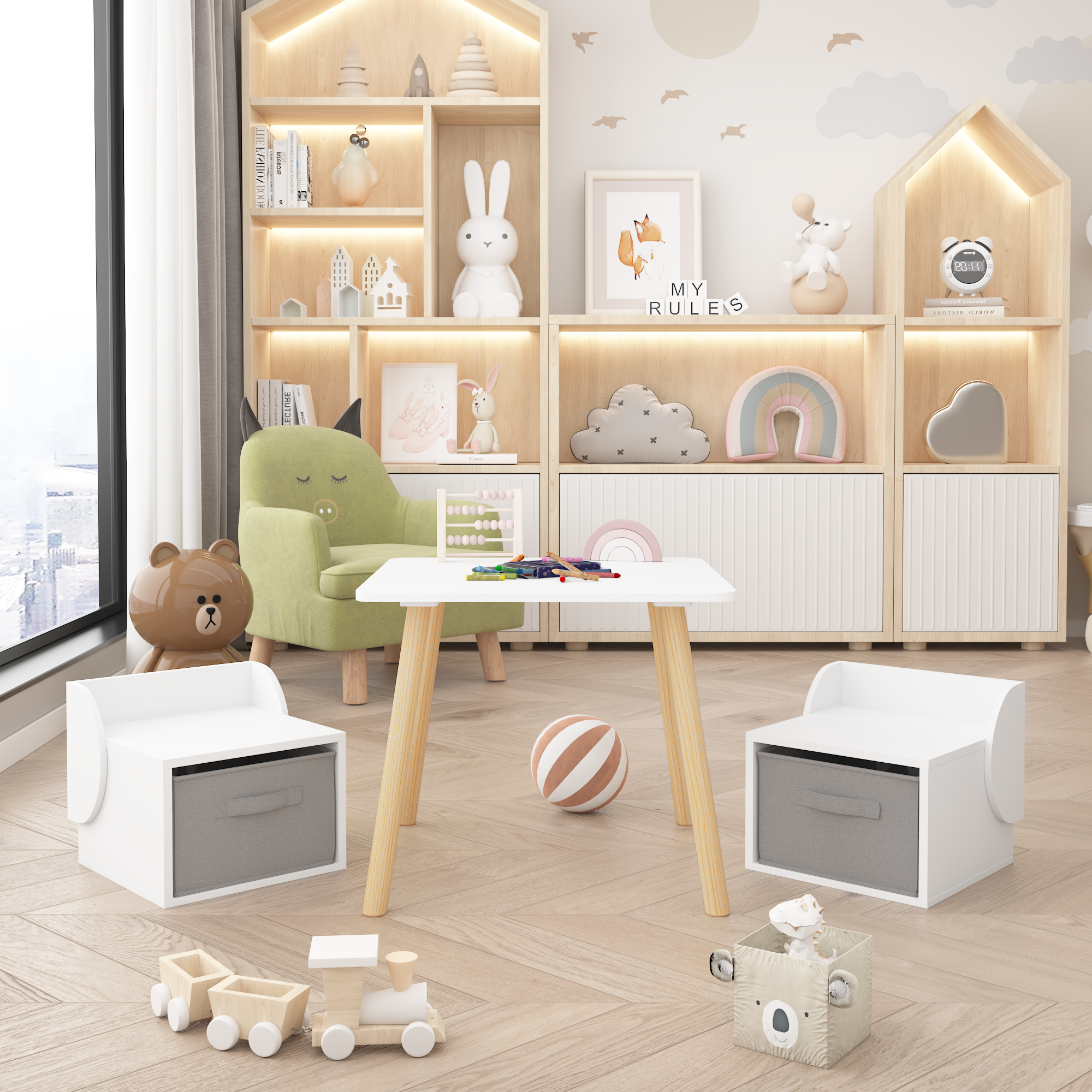 Anmytek Kids Table and 2 Chair Set 3 Piece Toddler Activity Play Table with Storage Bins Wooden Children Furniture for Playroom Bedroom White and Natural