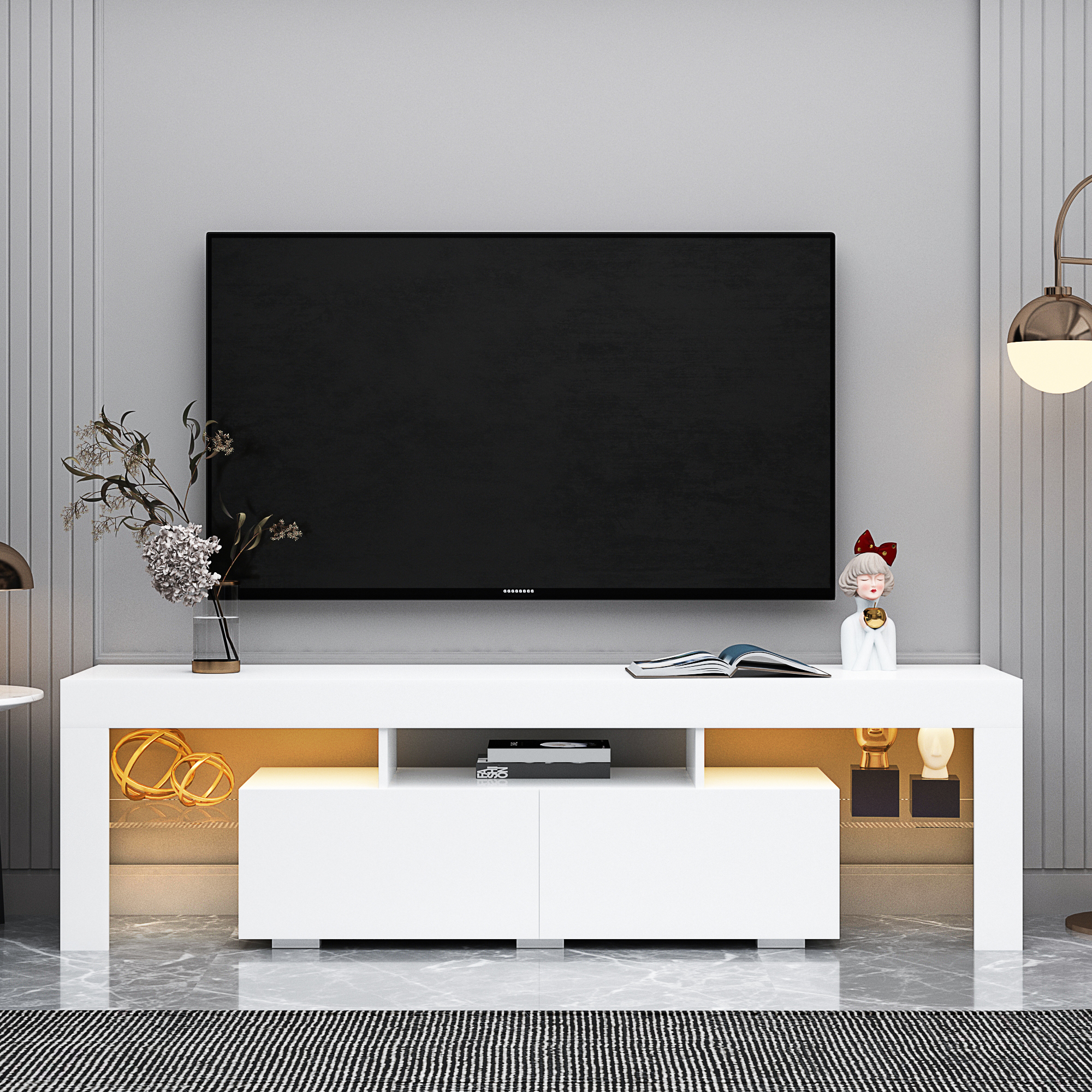 Anmytek Modern White TV Stand Entertainment Center 20 Colors LED Lights With Remote Control For Living Room