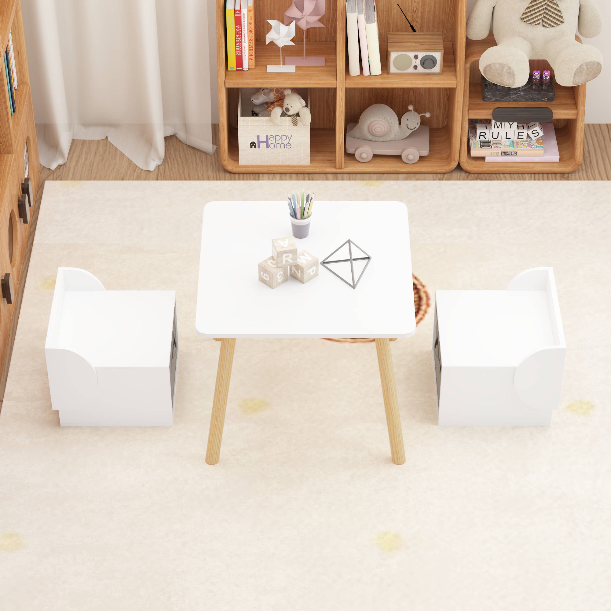 Anmytek Kids Table and 2 Chair Set 3 Piece Toddler Activity Play Table with Storage Bins Wooden Children Furniture for Playroom Bedroom White and Natural