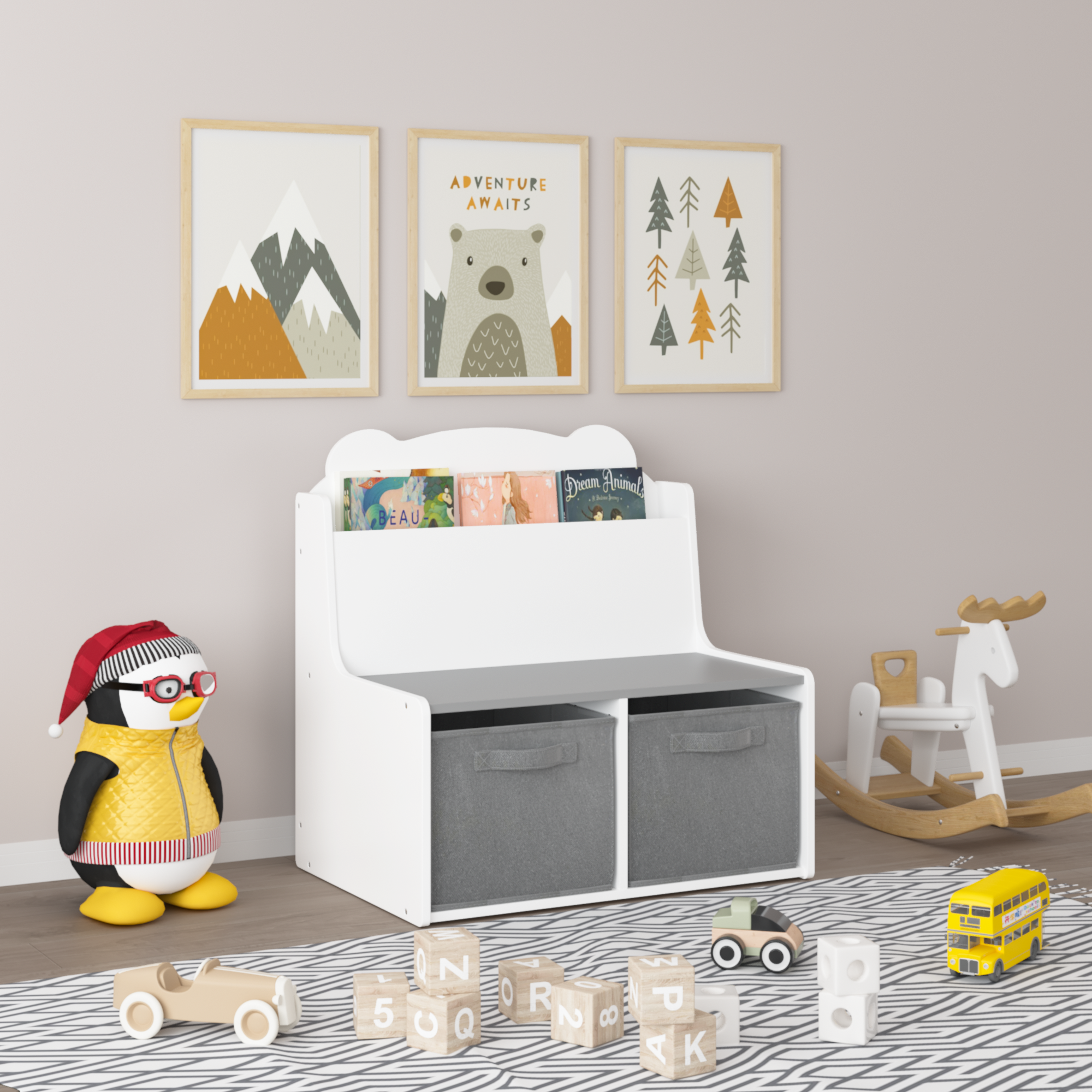 Anmytek Kids Bookshelf Toy Organizer Wooden Bookcase with Book Display Shelf 2 Fabric Storage Bins Cute Bear Shaped Backboard for Toddlers Children White and Gray