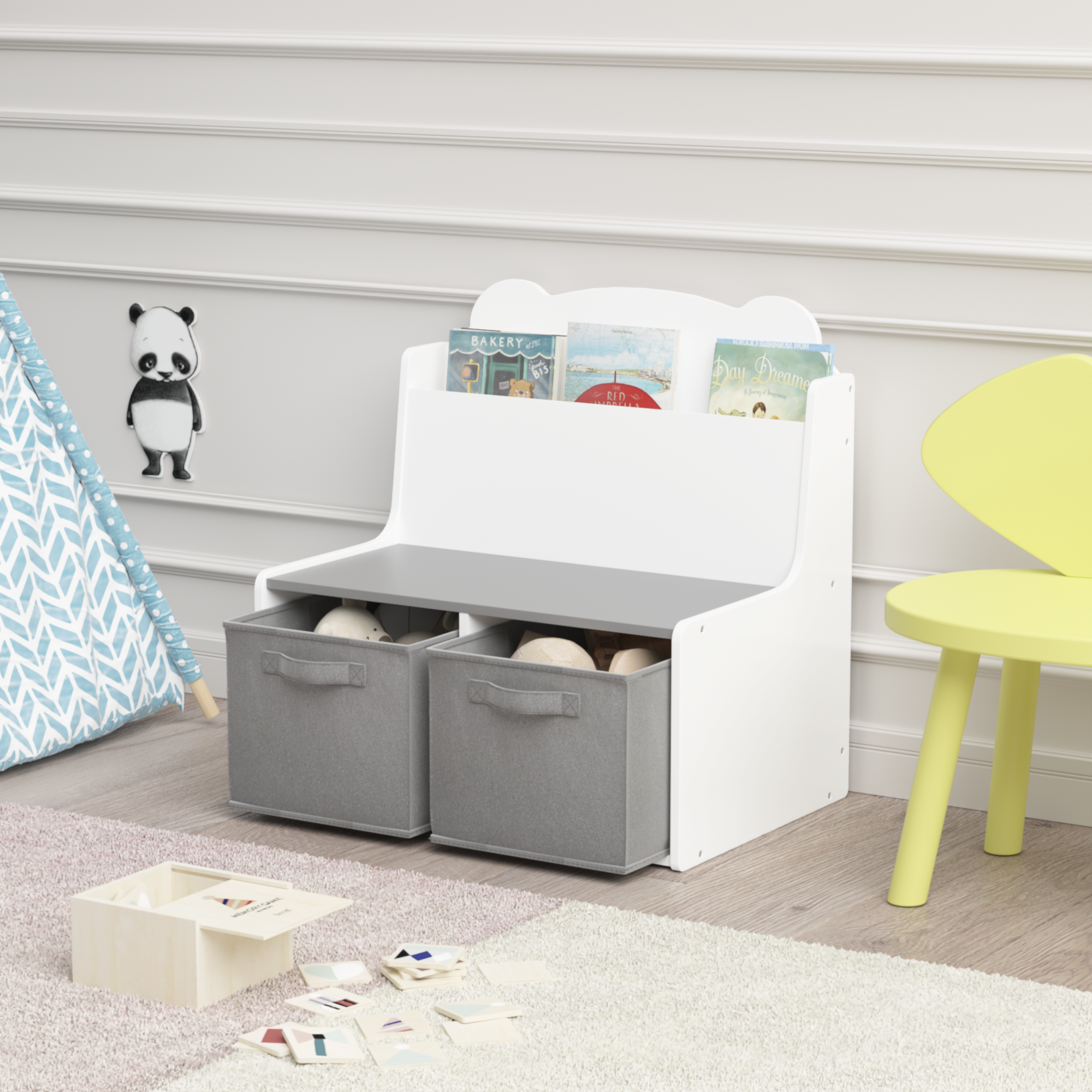 Anmytek Kids Bookshelf Toy Organizer Wooden Bookcase with Book Display Shelf 2 Fabric Storage Bins Cute Bear Shaped Backboard for Toddlers Children White and Gray