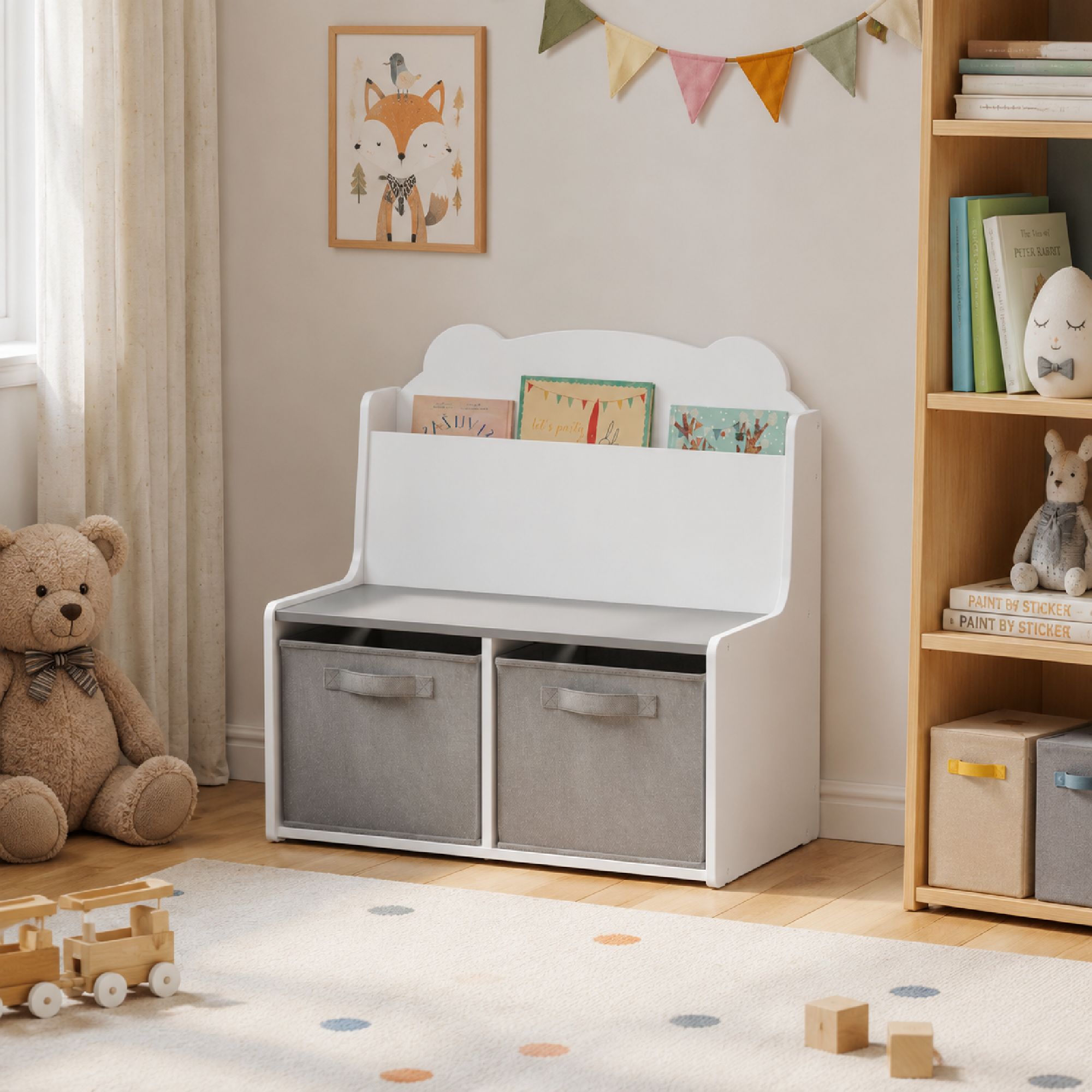 Anmytek Kids Bookshelf Toy Organizer Wooden Bookcase with Book Display Shelf 2 Fabric Storage Bins Cute Bear Shaped Backboard for Toddlers Children White and Gray