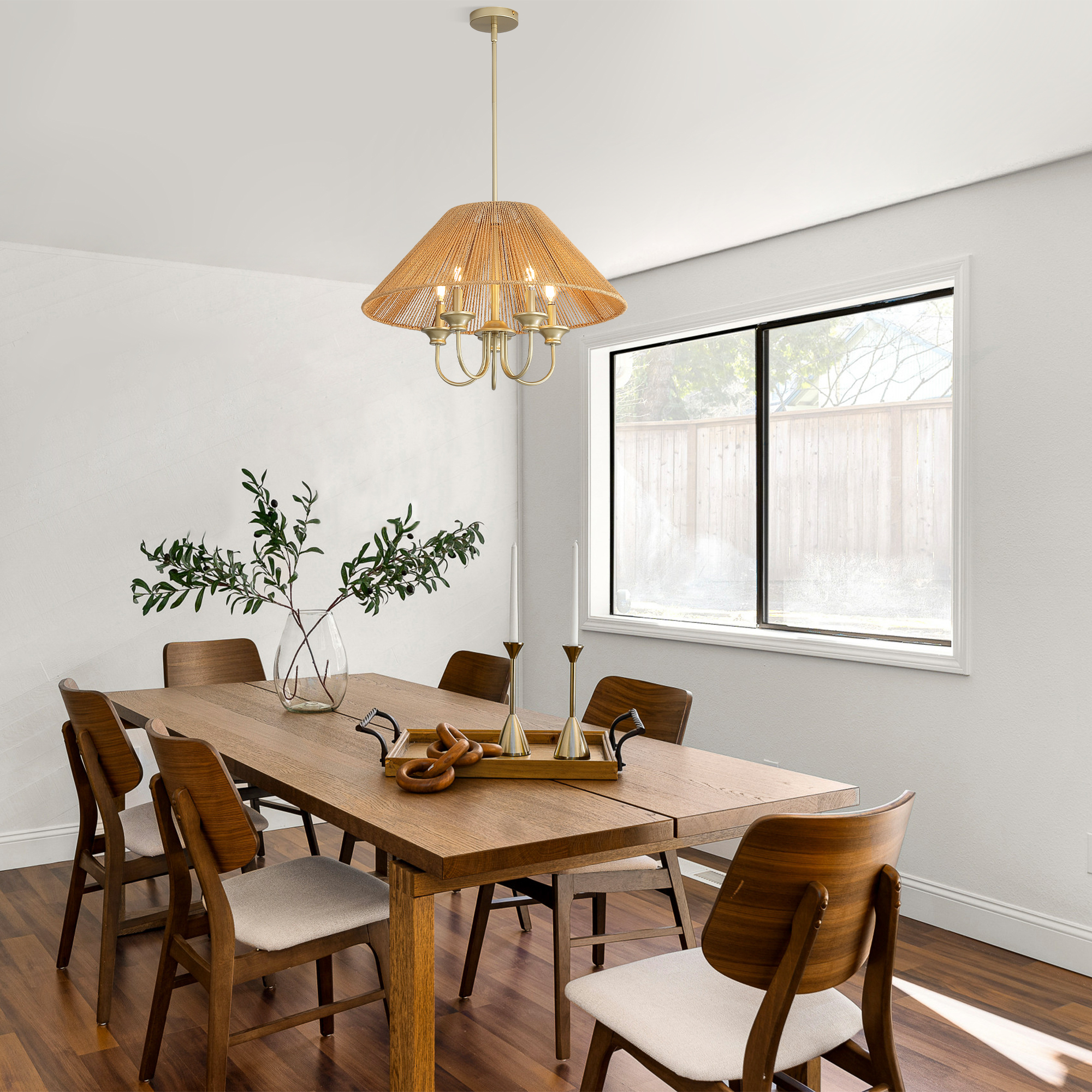Anmytek Boho Hanging Pendant Light 15cm Down Rod Beige Paper Rope Lampshade Iron Ceiling Light Fixture with 12cm Canopy for Dining Room Kitchen Living Room