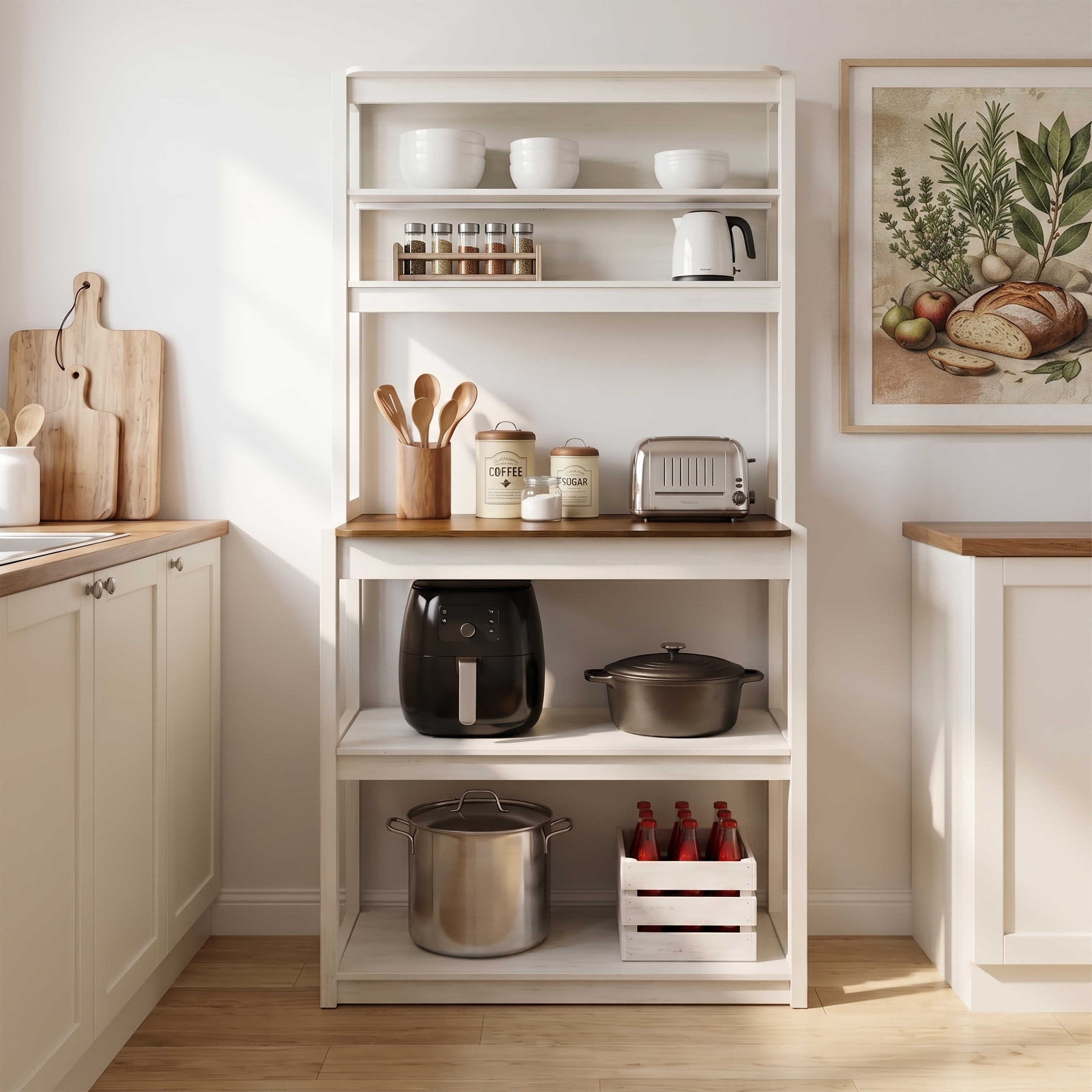 Anmytek 5 Tier Bakers Rack White and Rustic Brown Kitchen Storage Organizer Coffee Bar Microwave Stand