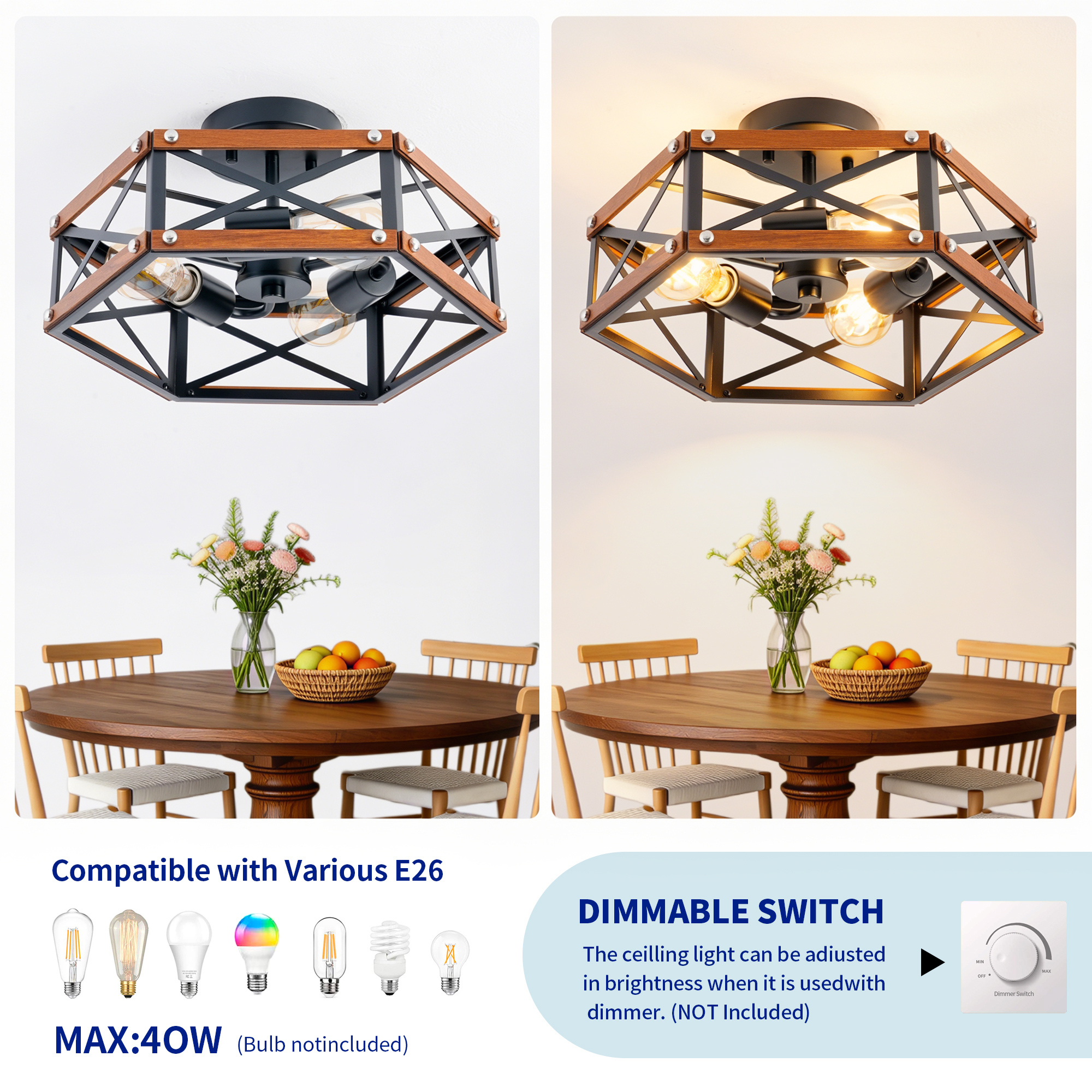 Anmytek 14.57‑Inch Rustic Farmhouse Wood and Metal Cage Semi Flush Mount Ceiling Light Fixture Matte Black for Hallway Entry Dining Bedroom Living Room