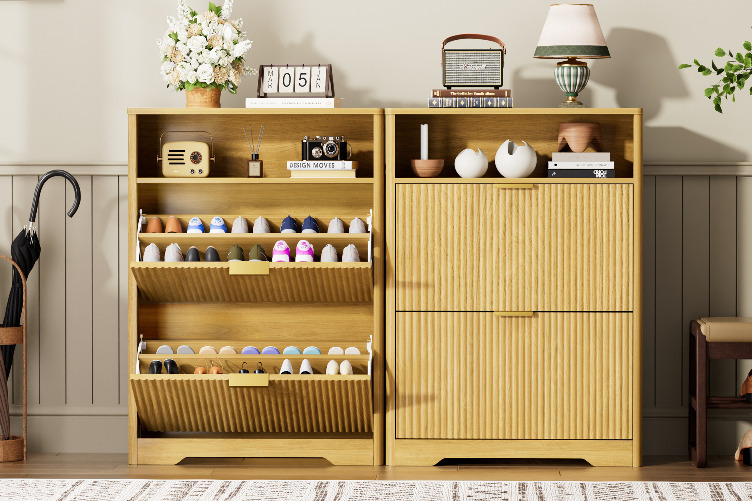 Anmytek Tall Free Standing Shoe Cabinet 2 Flip Drawers Hidden Shoe Storage Organizer for Entryway Foyer Hallway Natural Finish